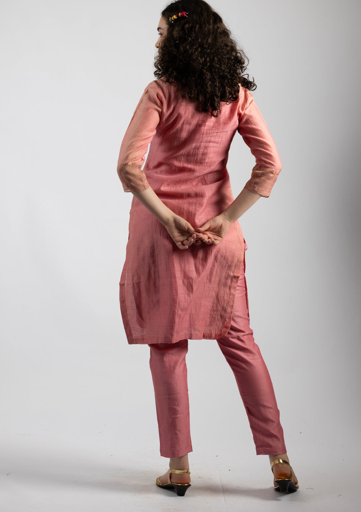 Pastel Pink Chanderi Kurta Pant Set - Size Small