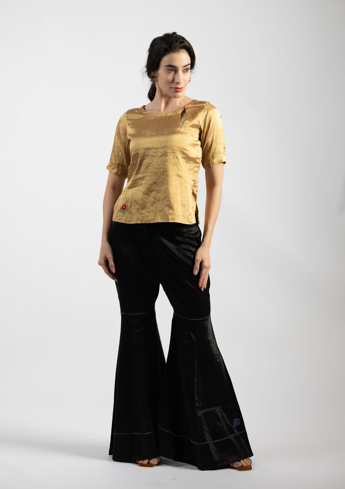 Zarina Golden Tissue Top with Embroidery Details Size Extra Small