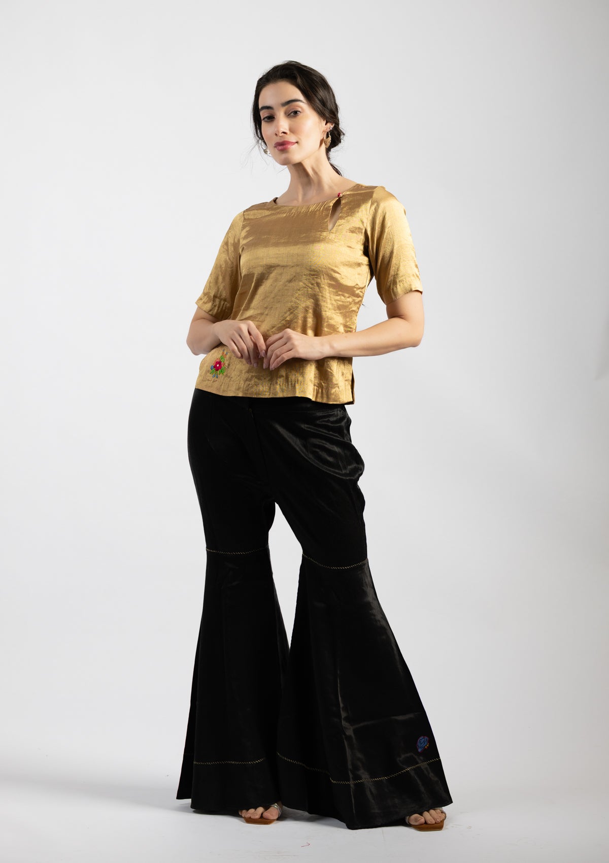 Zarina Golden Tissue Top with Embroidery Details Size Small