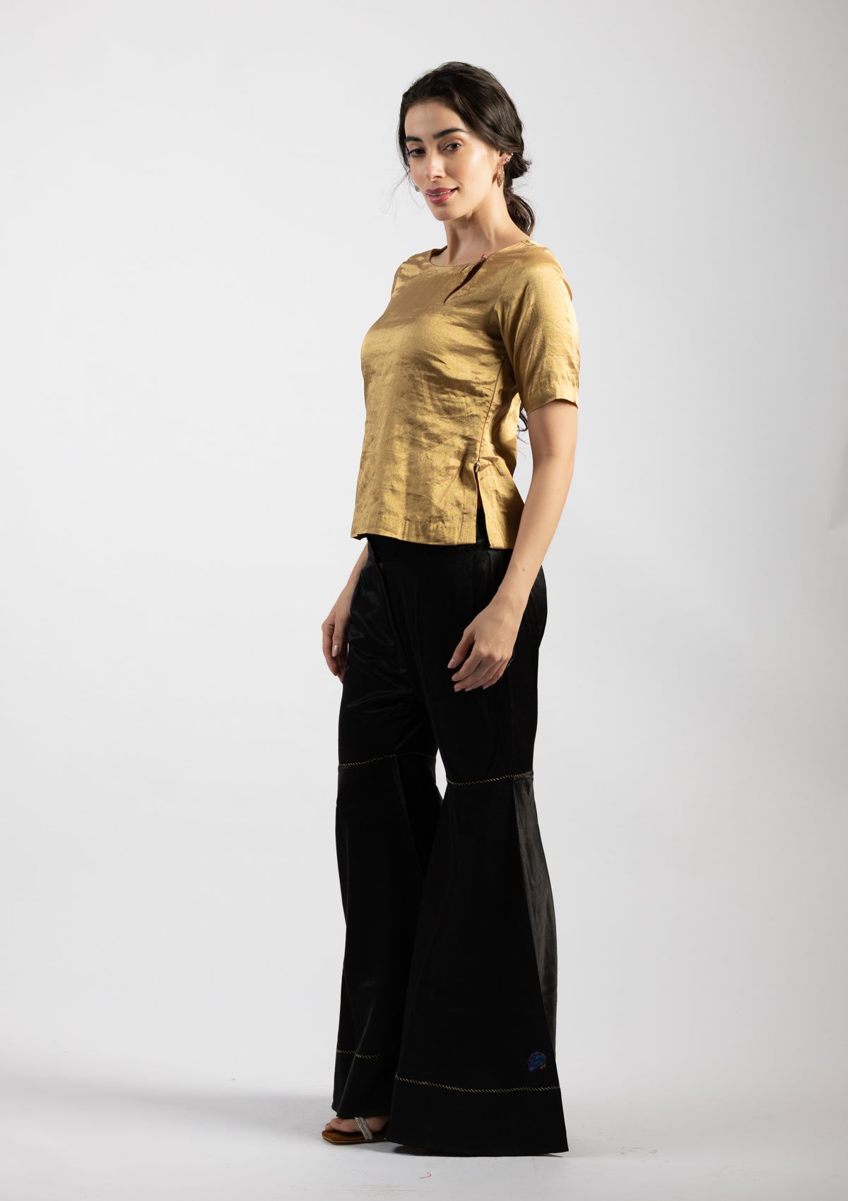 Zarina Golden Tissue Top with Embroidery Details Size Small