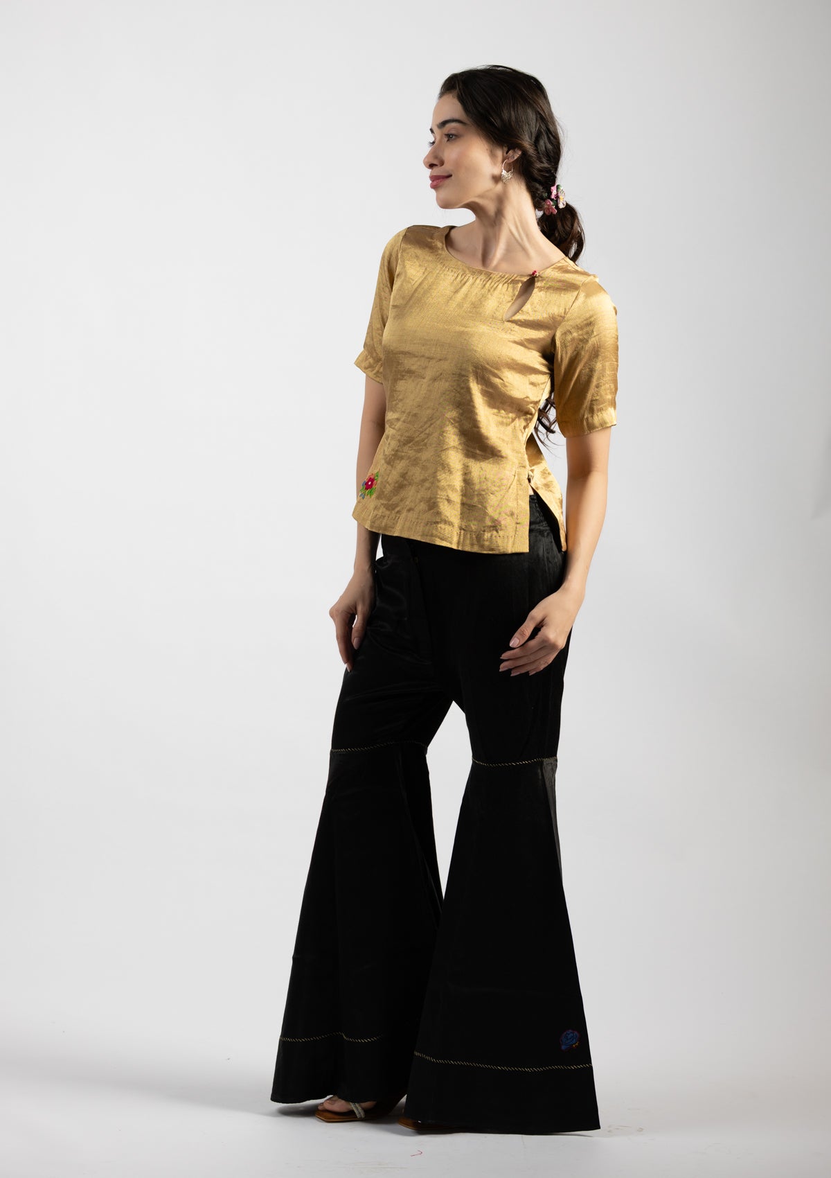 Zarina Golden Tissue Top with Embroidery Details Size Extra Small