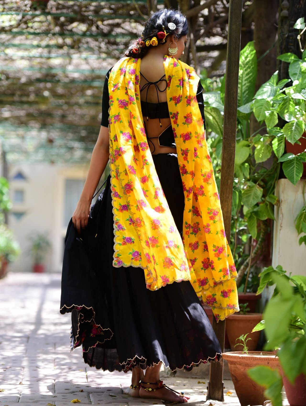 Surma Black Flared Chanderi Skirt