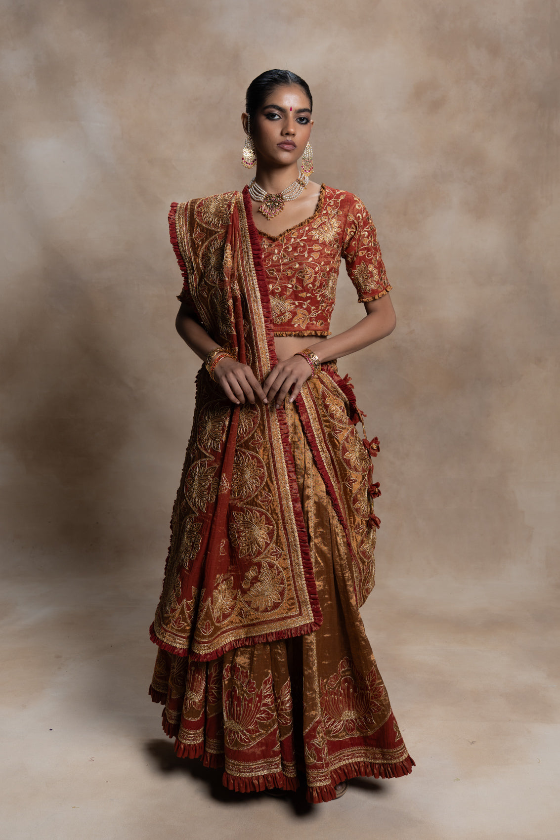 Katyayani Tissue Blouse,Skirt & Dupatta Set