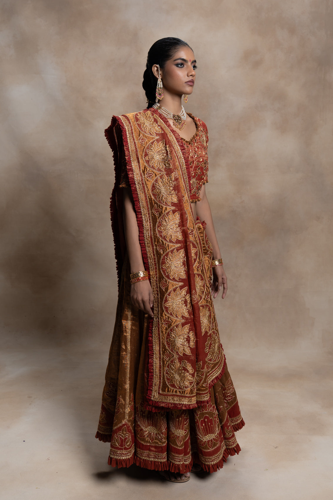 Katyayani Tissue Blouse,Skirt & Dupatta Set