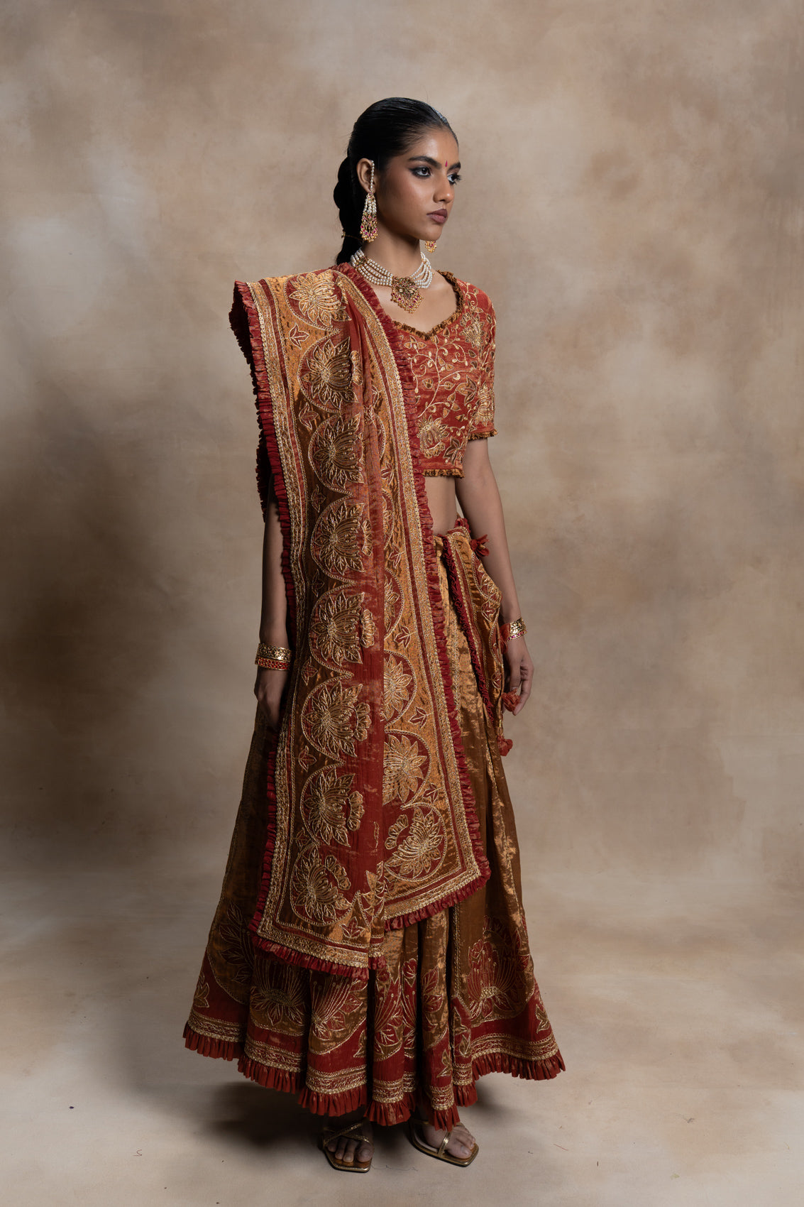 Katyayani Tissue Blouse,Skirt & Dupatta Set