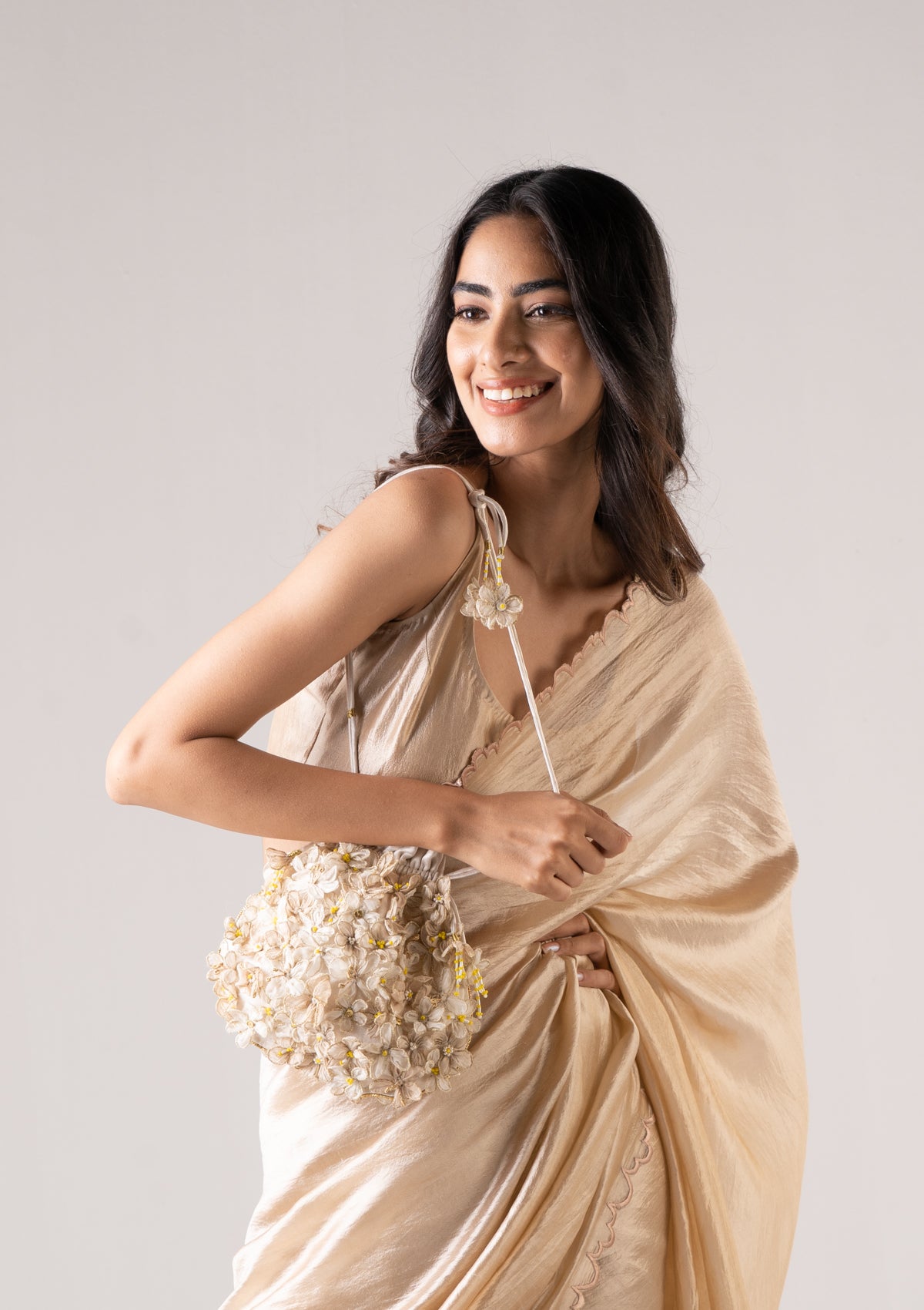 Zohr Cream Floral Potli Bag