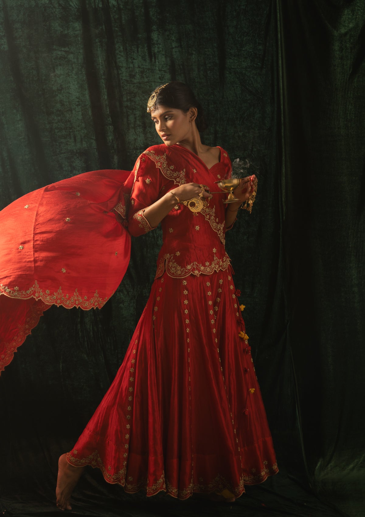 Alta Red Mulberry Silk Skirt Blouse & Dupatta Set