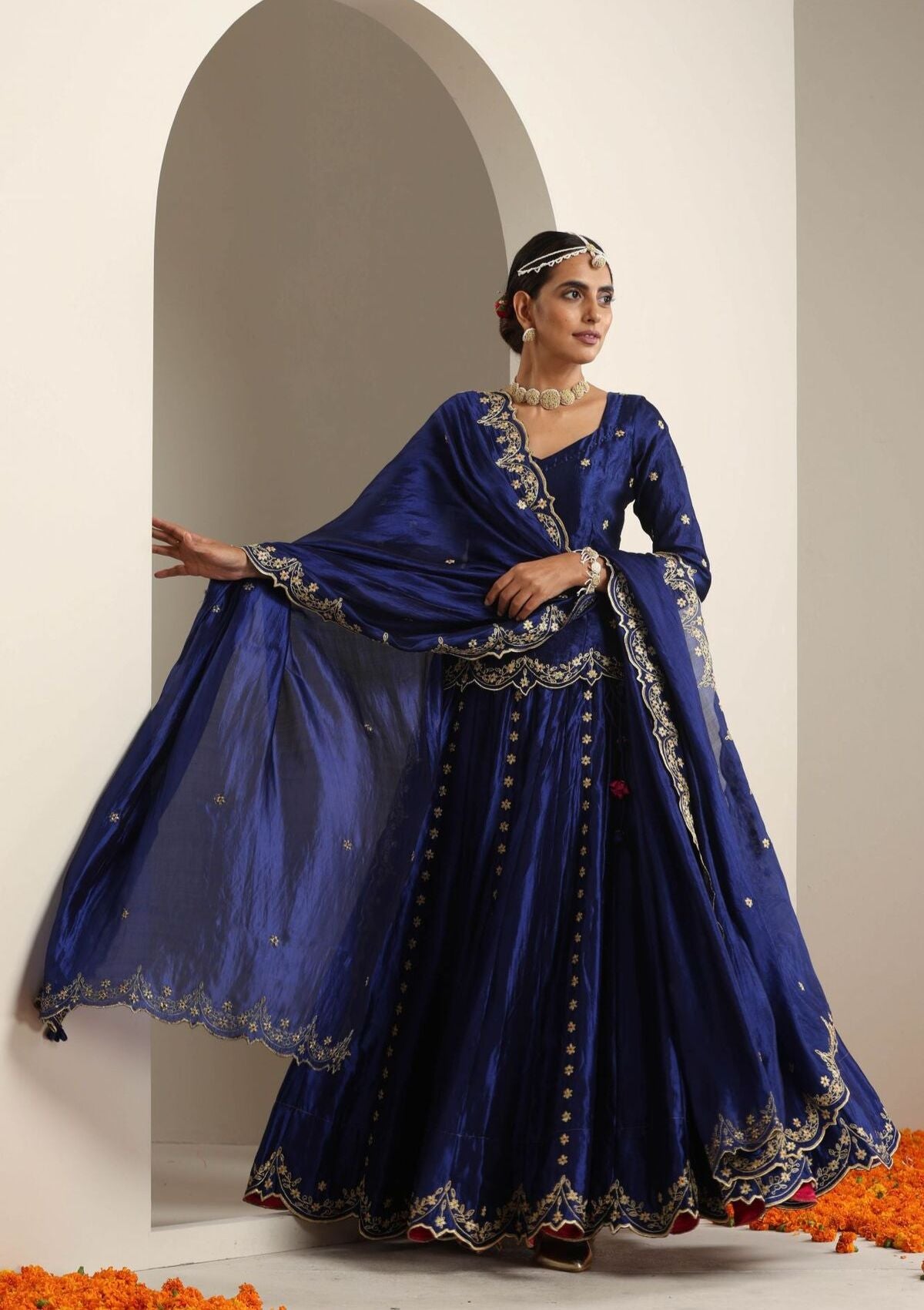Baghbana Blue Mulberry Silk Skirt Blouse & Dupatta Set