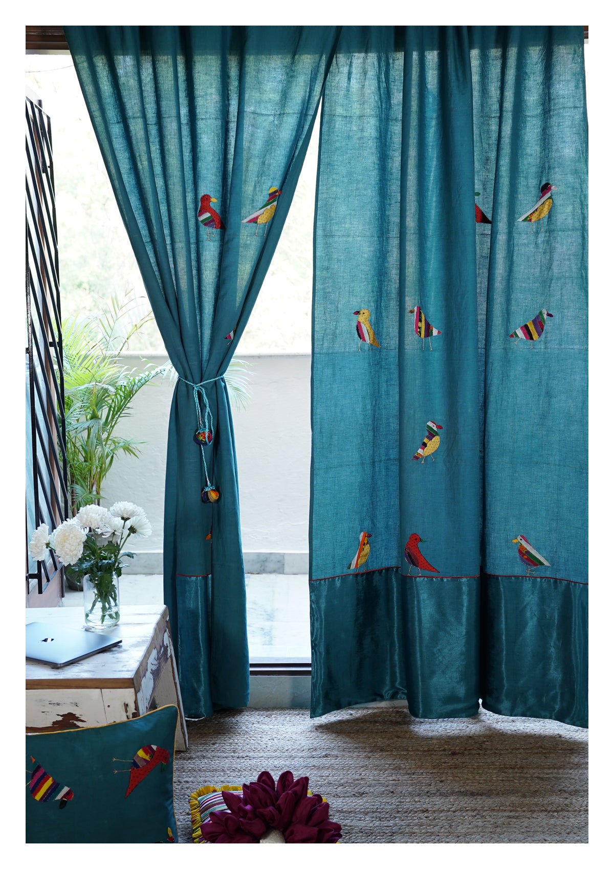 Cuckoos Teal Linen Curtain