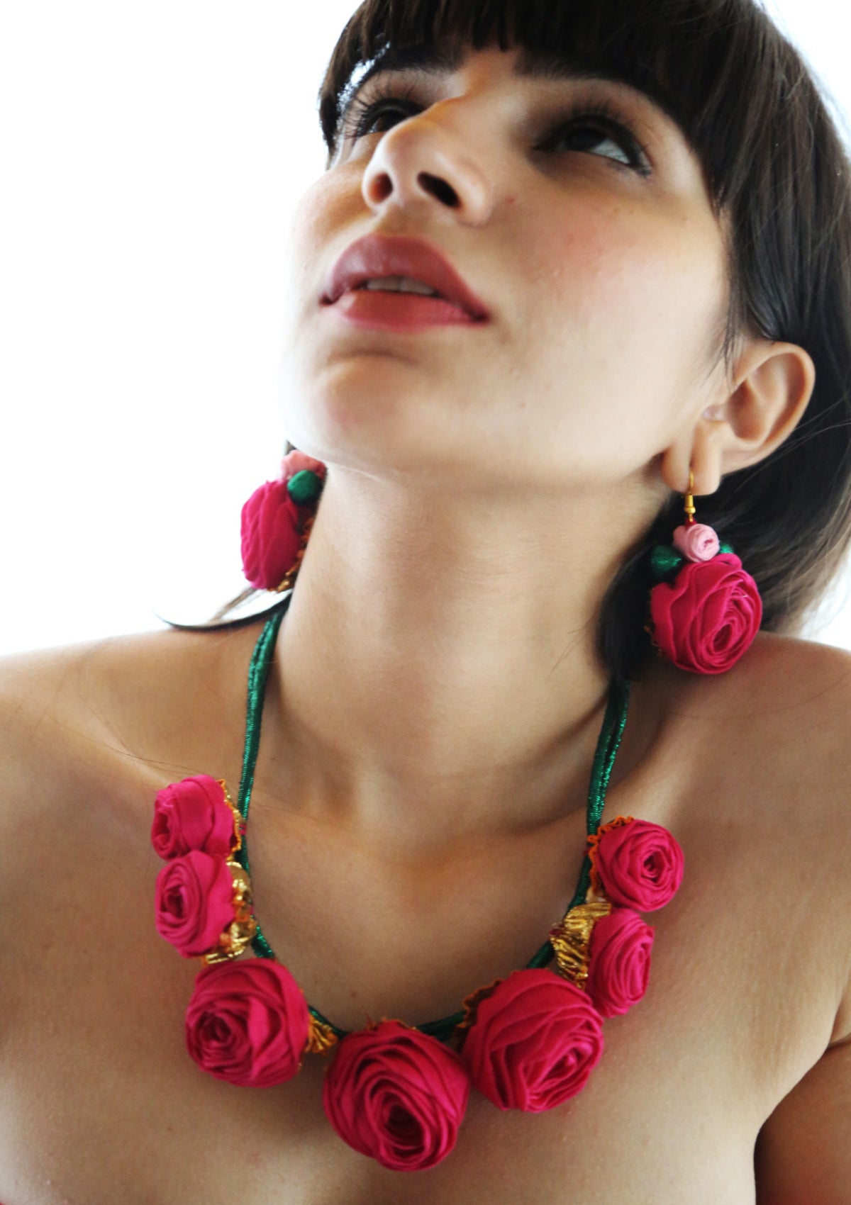 Fukayna Pink Rose Necklace & Earrings Set