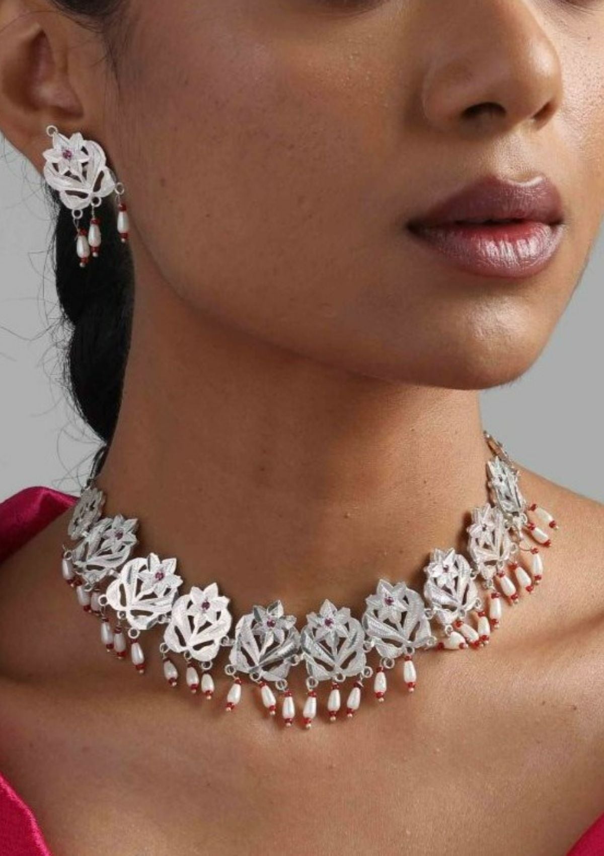 Gulband Silver Pearl Necklace & Earrings Set