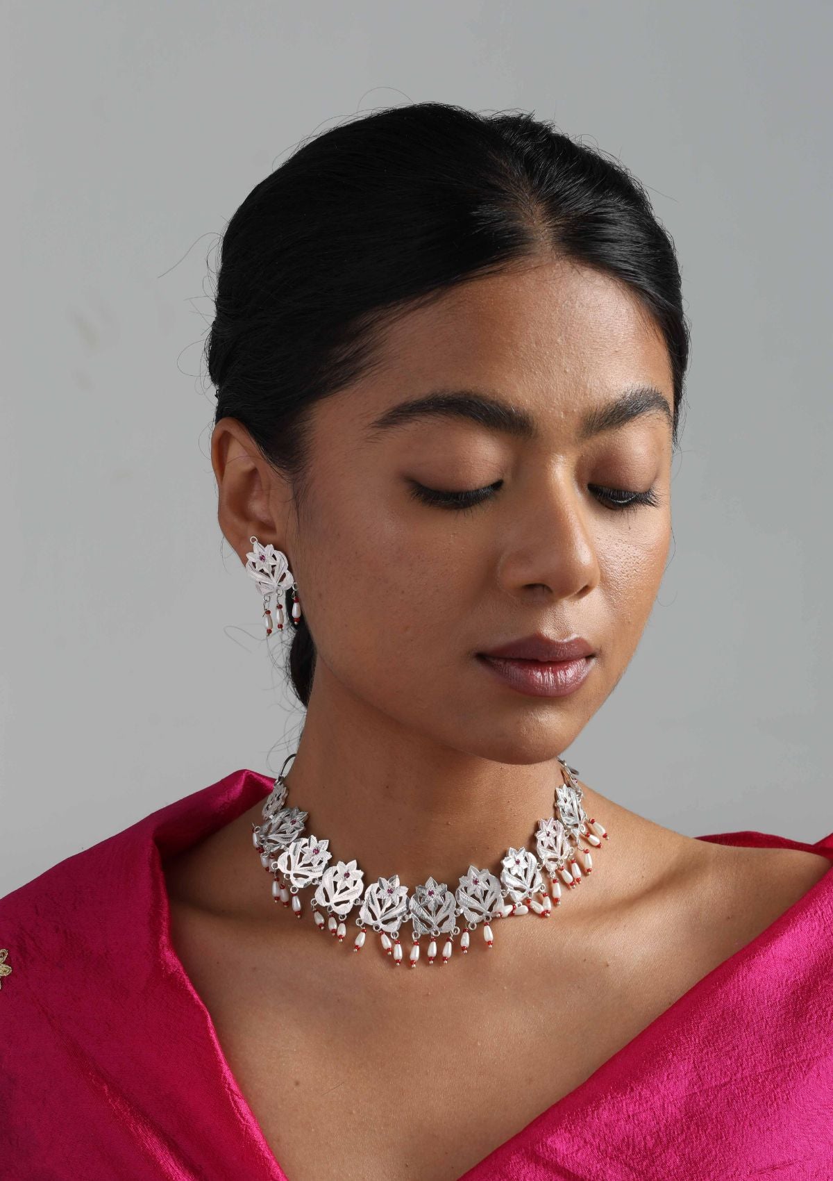 Gulband Silver Pearl Necklace & Earrings Set