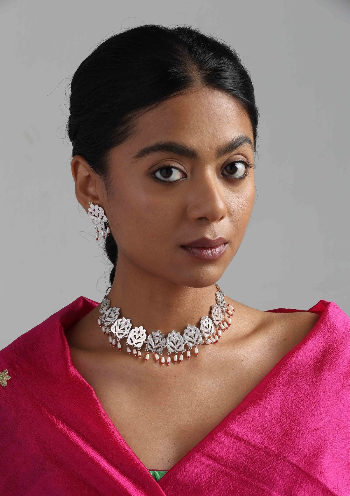 Gulband Silver Pearl Necklace & Earrings Set