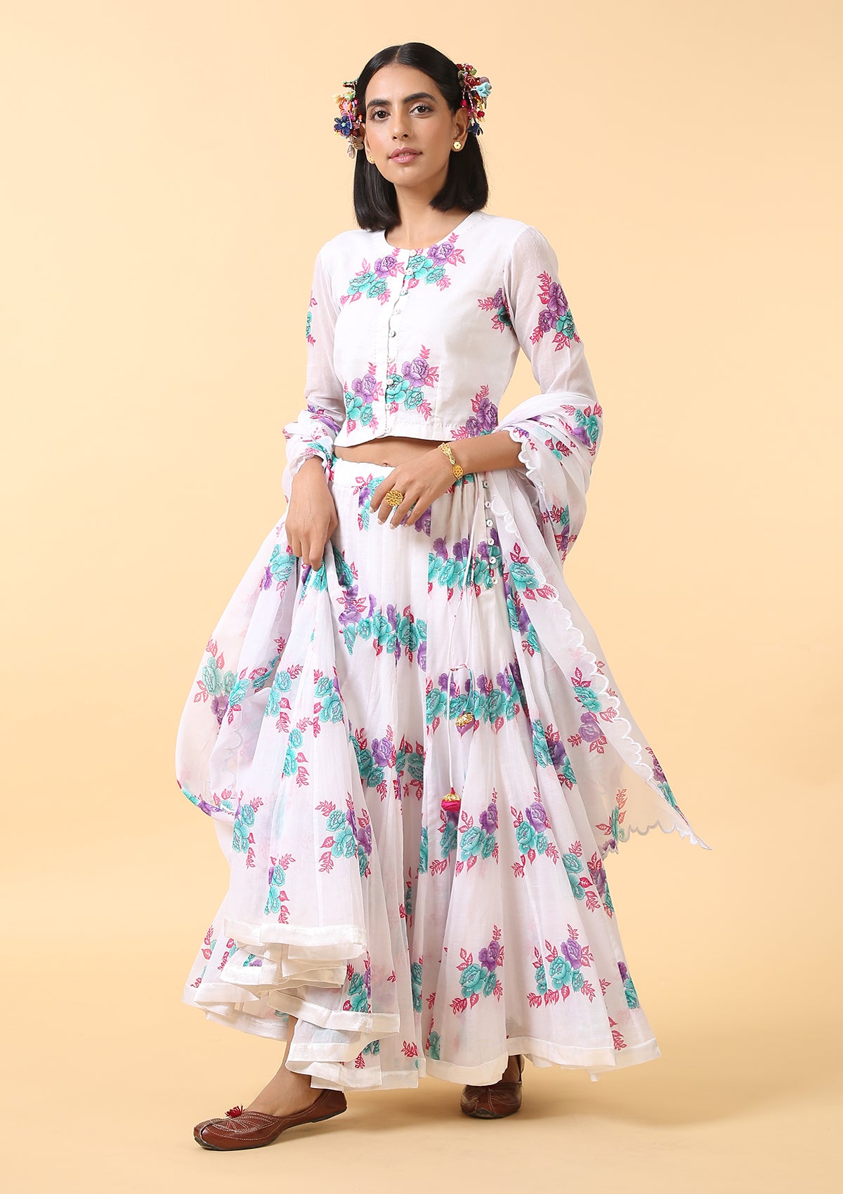 Kalyani White Floral Cotton Skirt