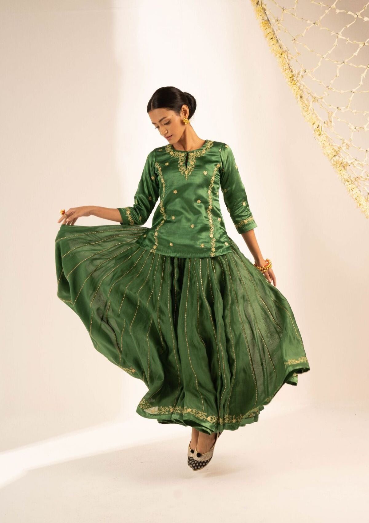 Kumari Green Chanderi Skirt Blouse & Dupatta Set