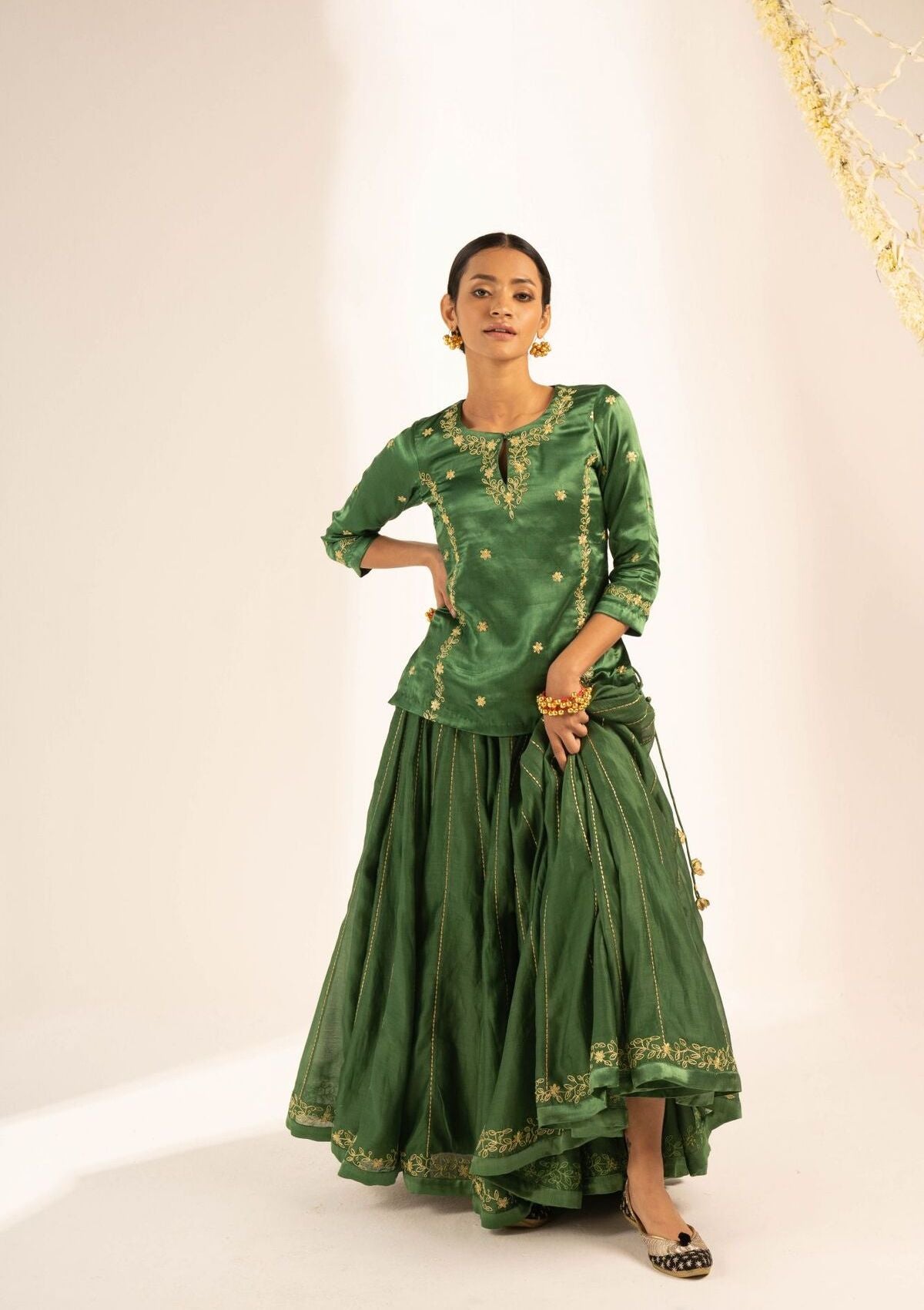 Kumari Green Chanderi Skirt Blouse & Dupatta Set