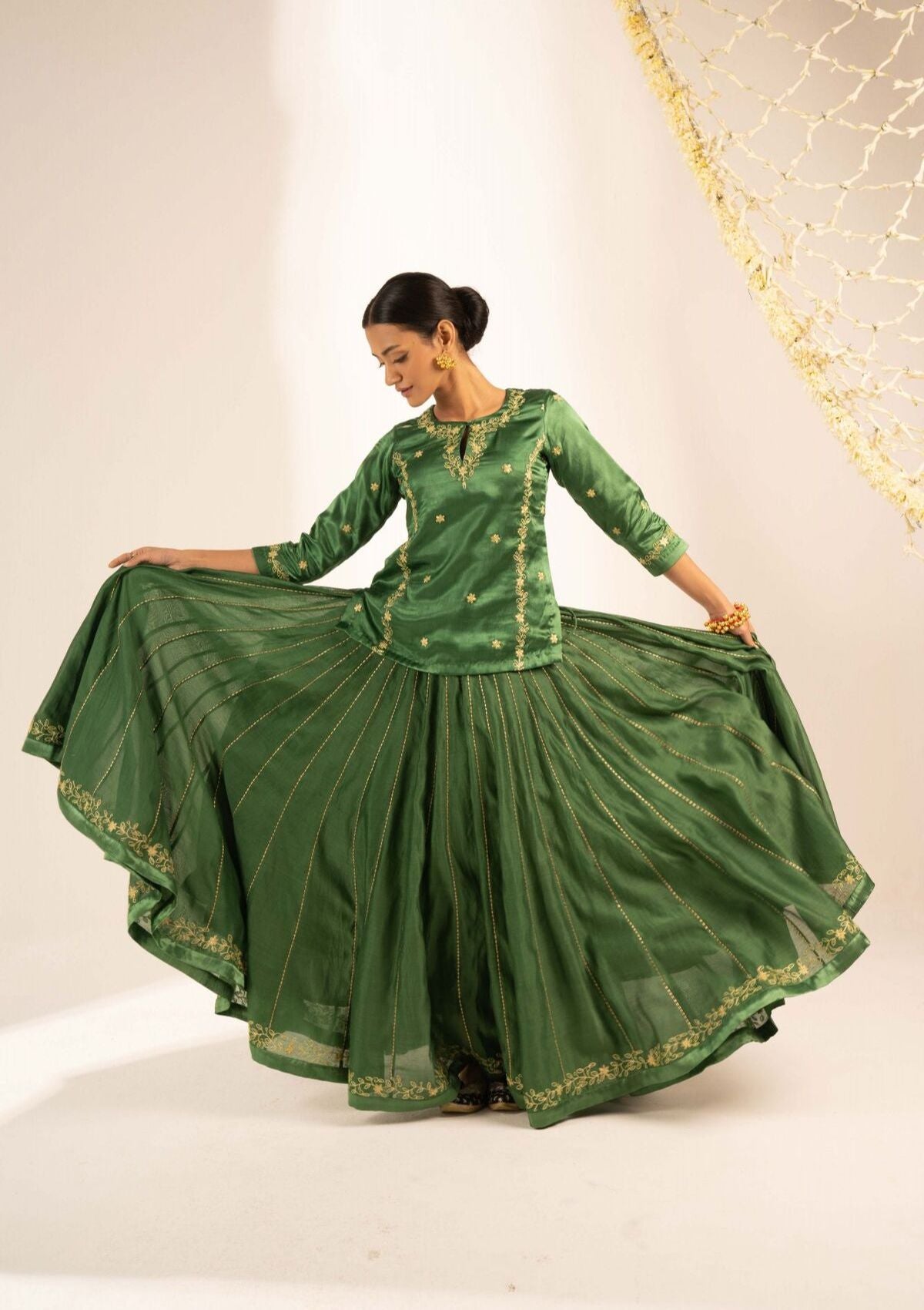 Kumari Green Chanderi Skirt Blouse & Dupatta Set