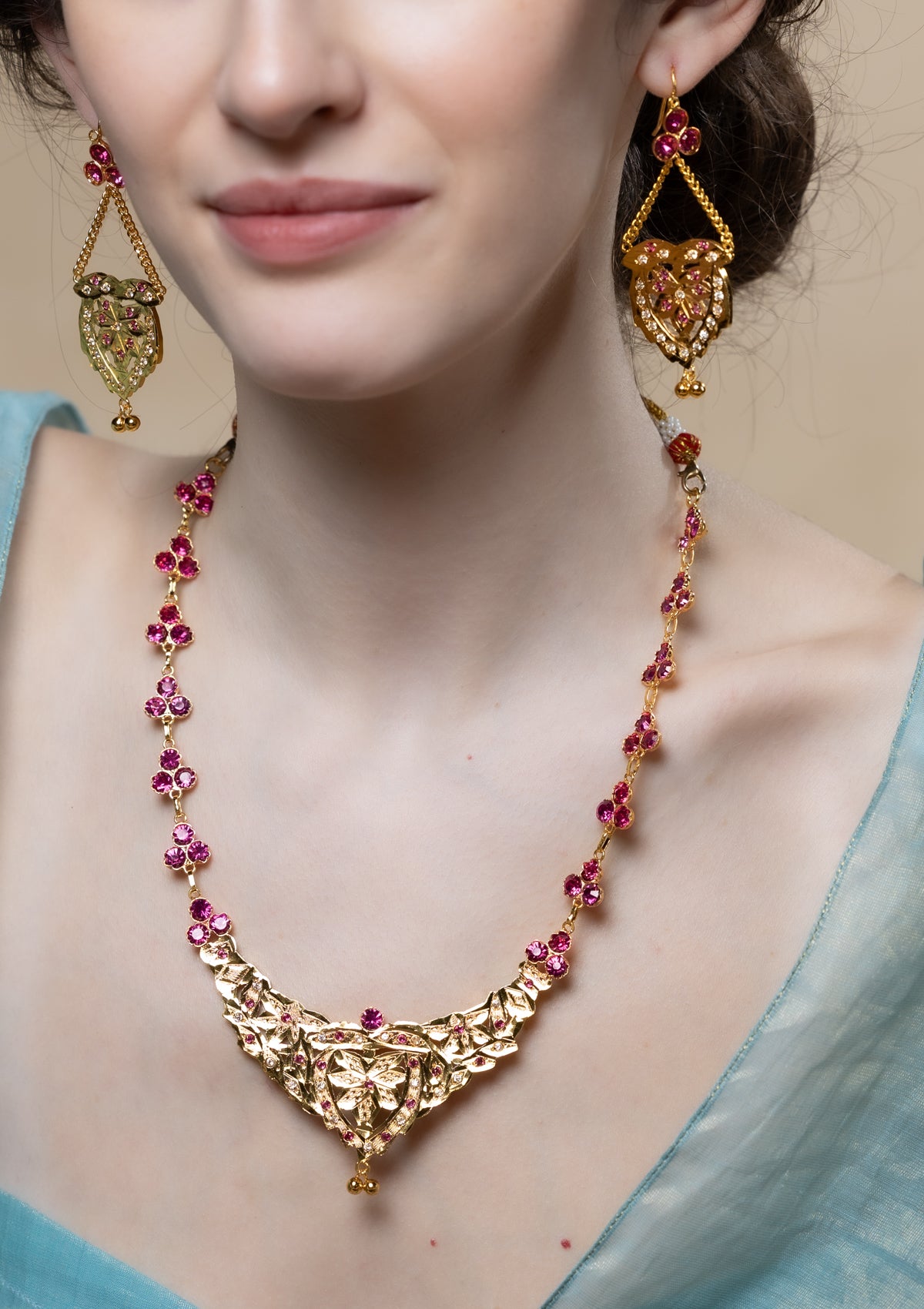 Nabila Gold Tone Silver Necklace & Earrings Set