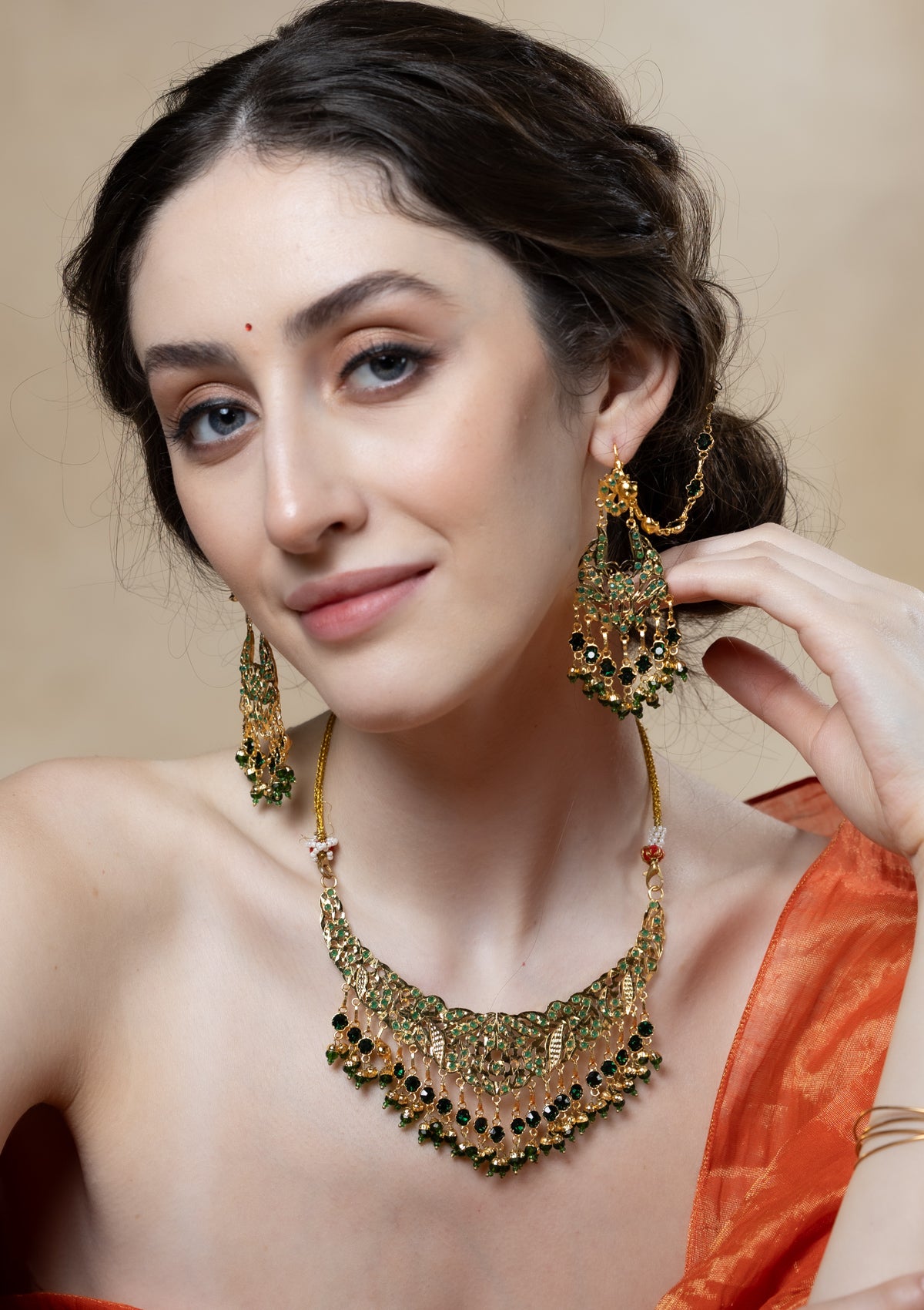Yashomati Gold Tone Silver Necklace & Earrings Set