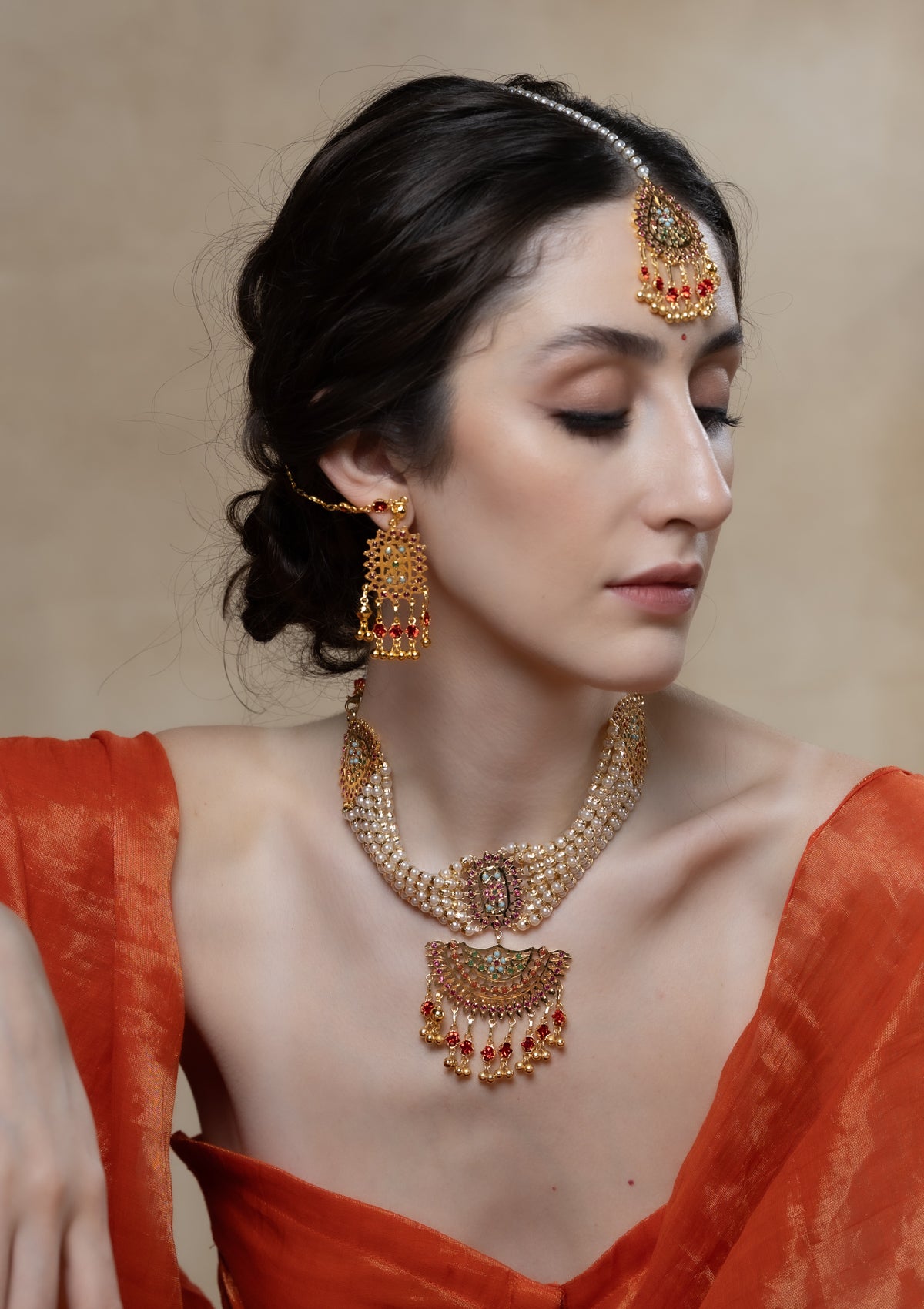 Ruba Gold Tone Silver Necklace , Earrings & Mangtikka Set