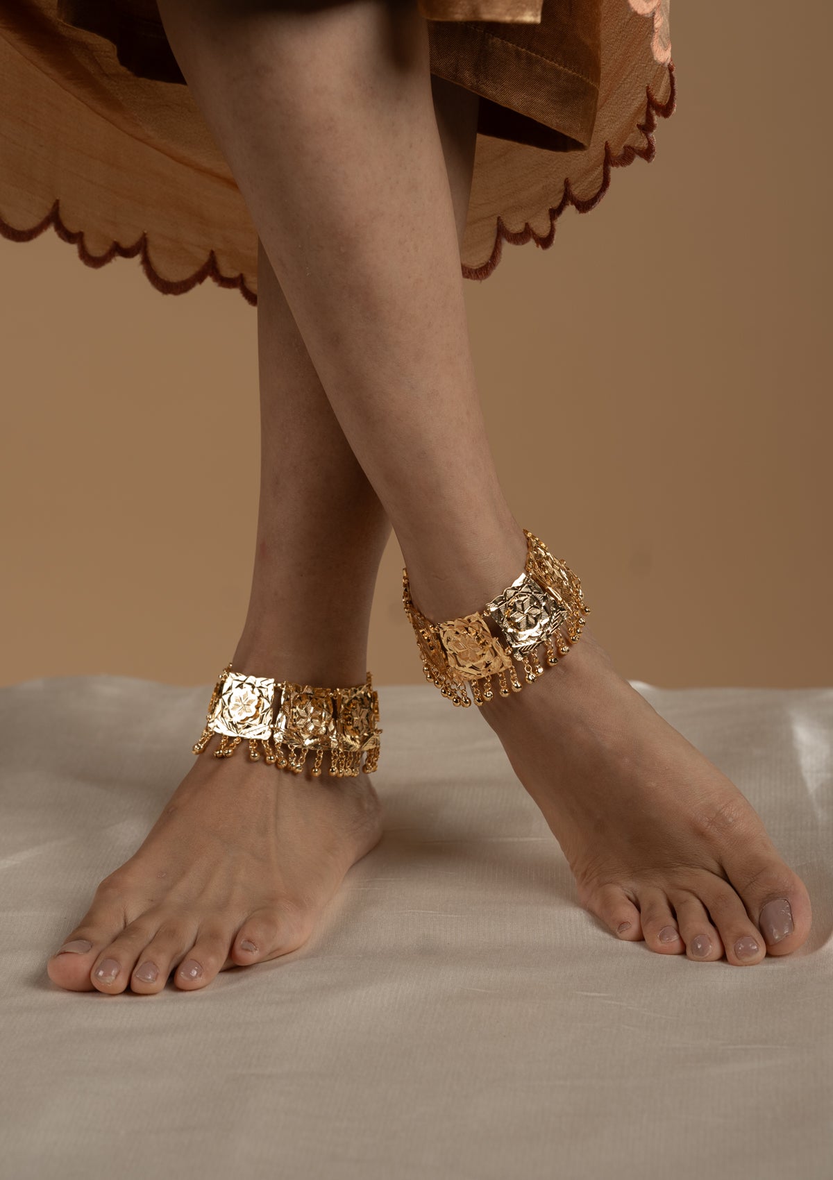 Aaghnya Gold Tone Handmade Silver Anklets