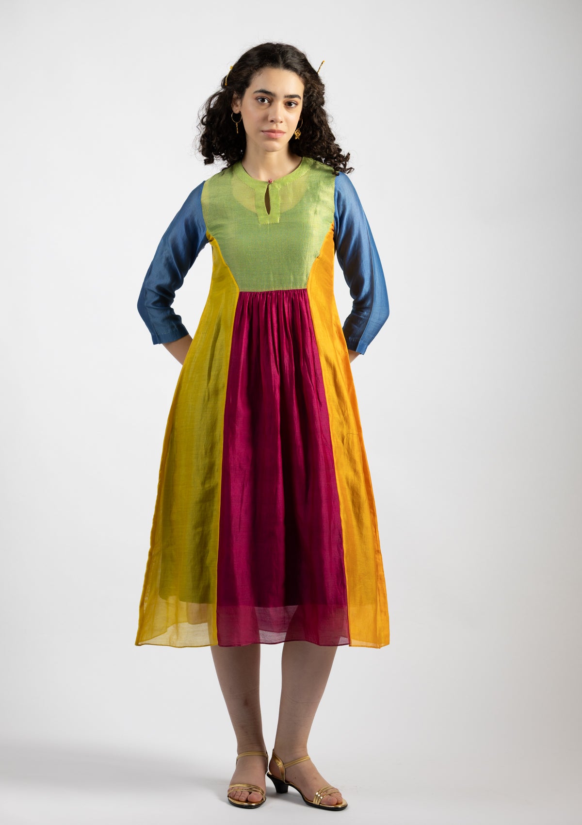 Ovia Multi Color Chanderi  Dress - Size Small