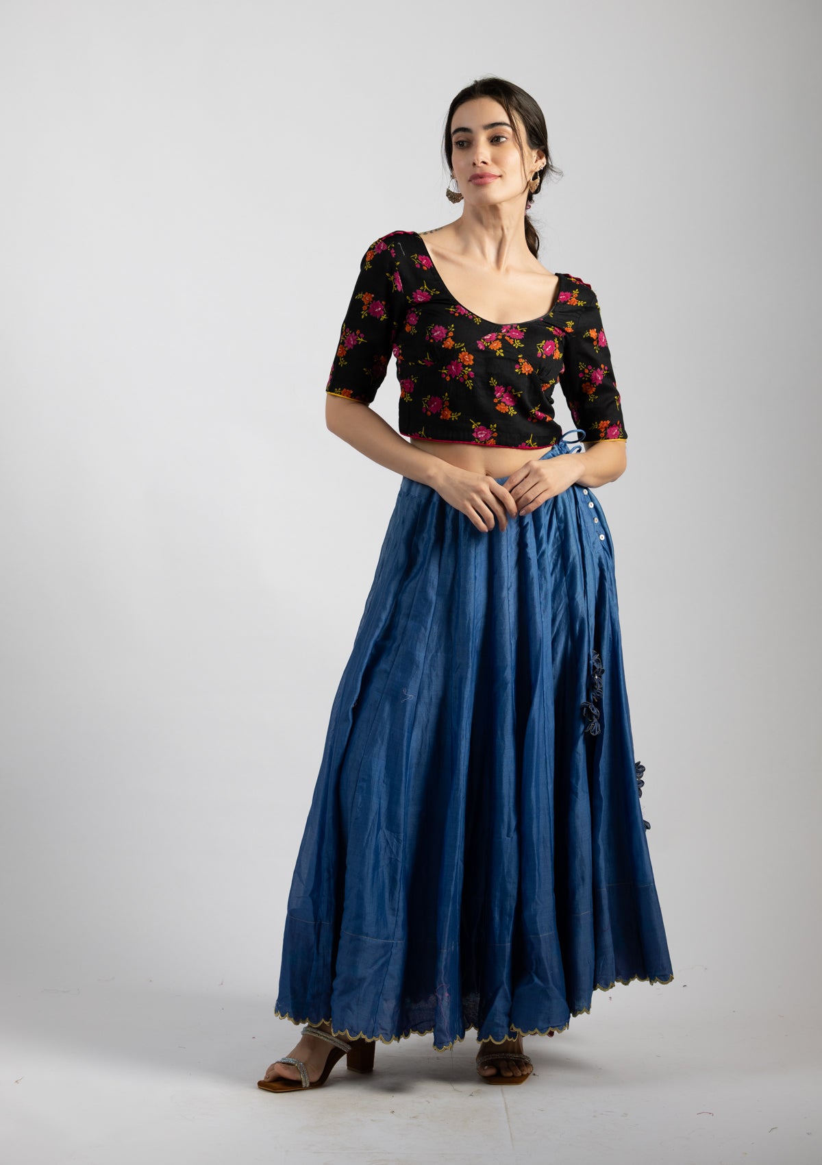 Printed Black Cotton Blouse - Size Extra Small