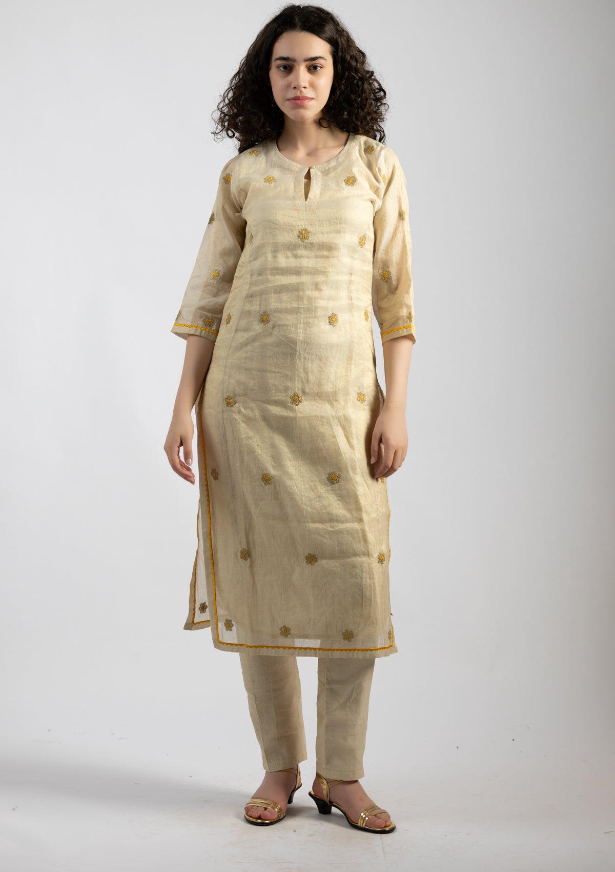 White Vogue Chanderi Kurta Pant Set - Size Small