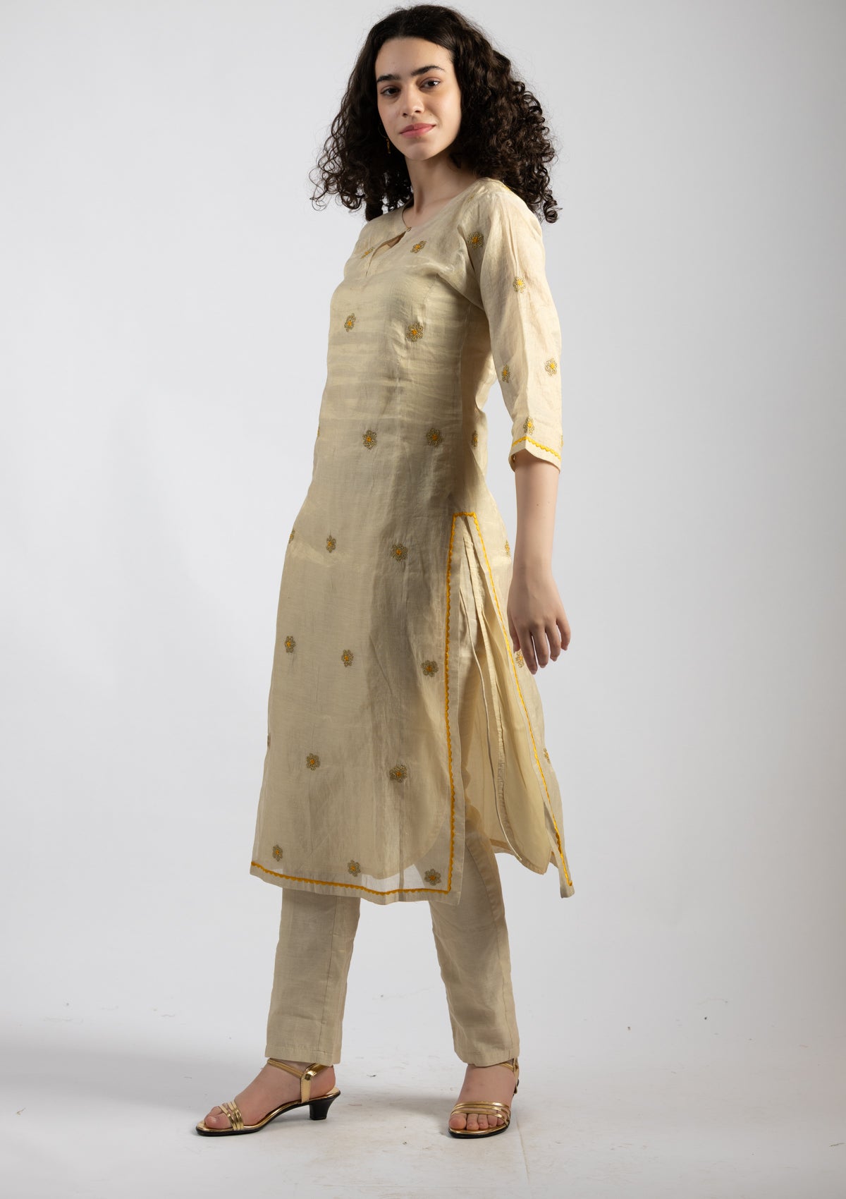 White Vogue Chanderi Kurta Pant Set - Size Small