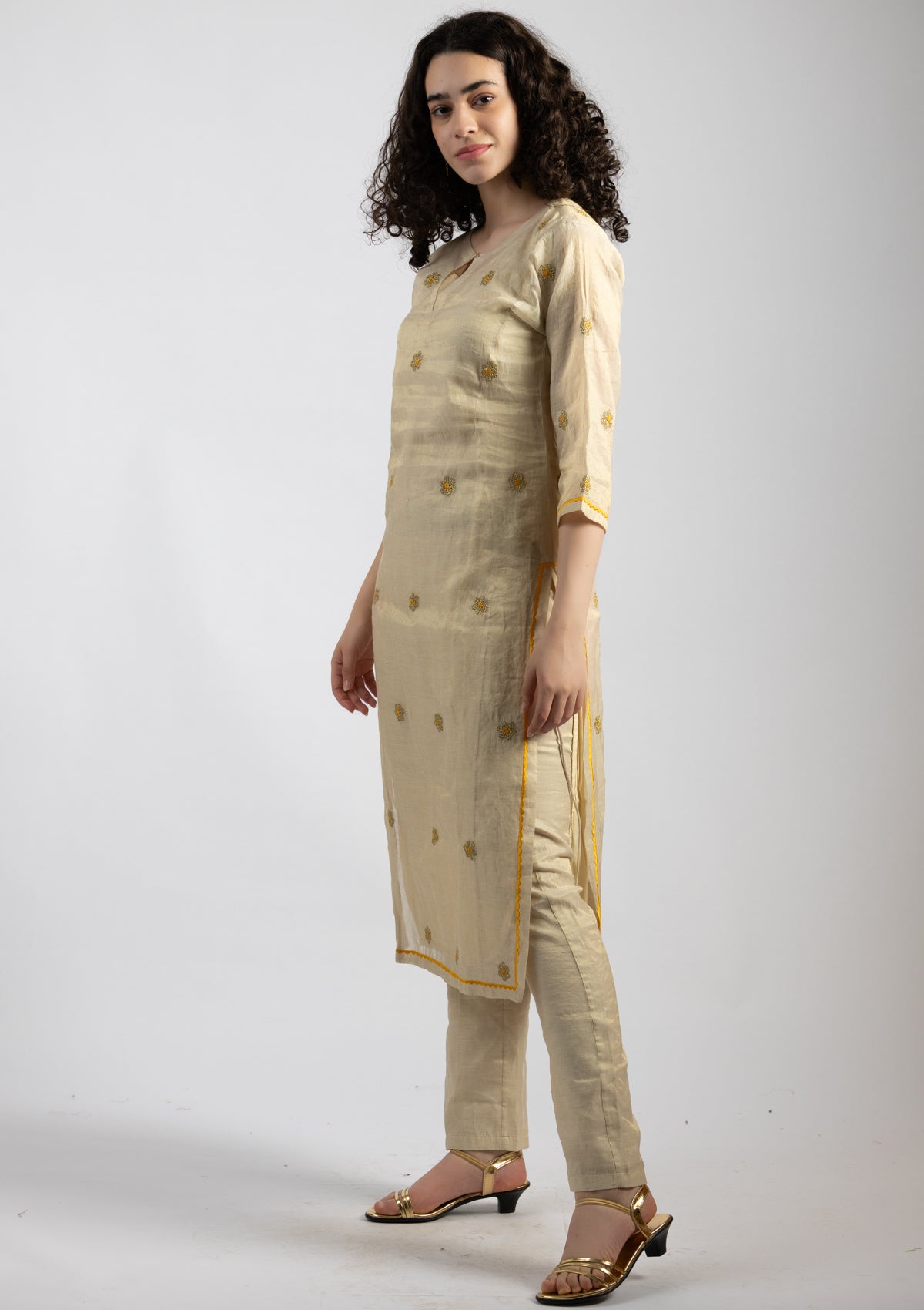 White Vogue Chanderi Kurta Pant Set - Size Small