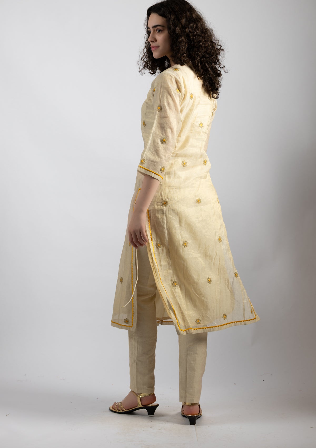 White Vogue Chanderi Kurta Pant Set - Size Small