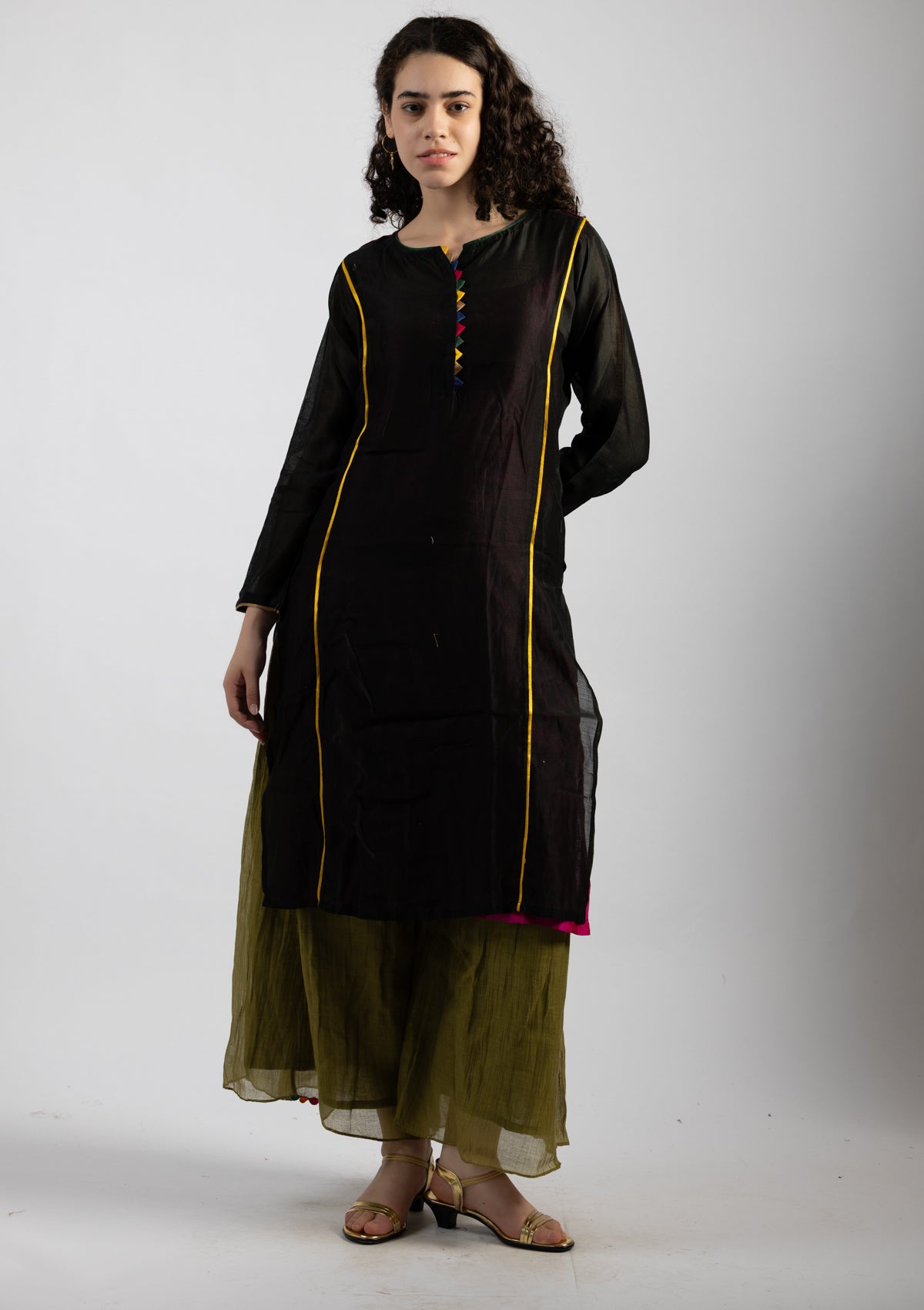 Sleek Ebony Tissue Kurta - Size Small