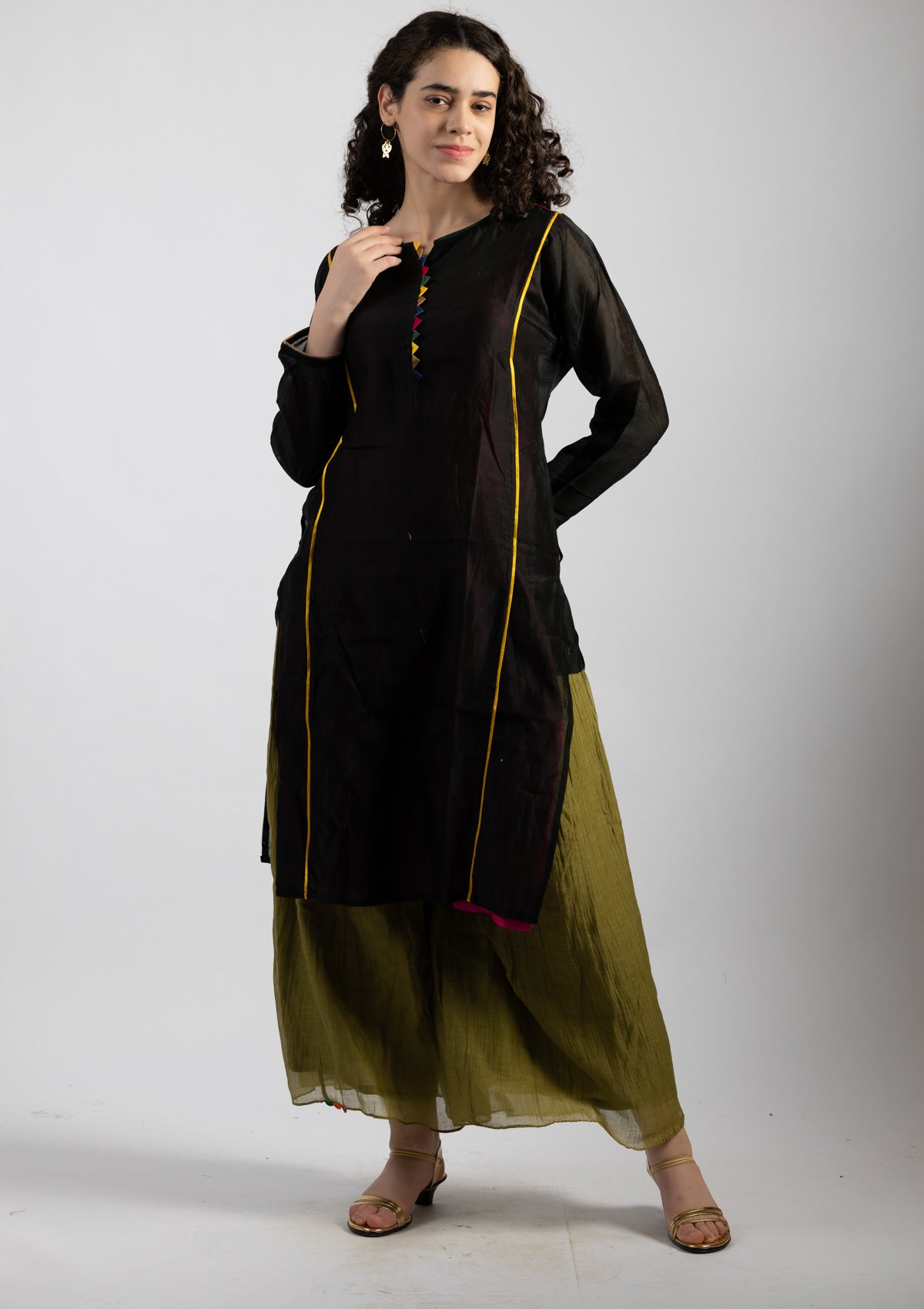 Sleek Ebony Tissue Kurta - Size Small