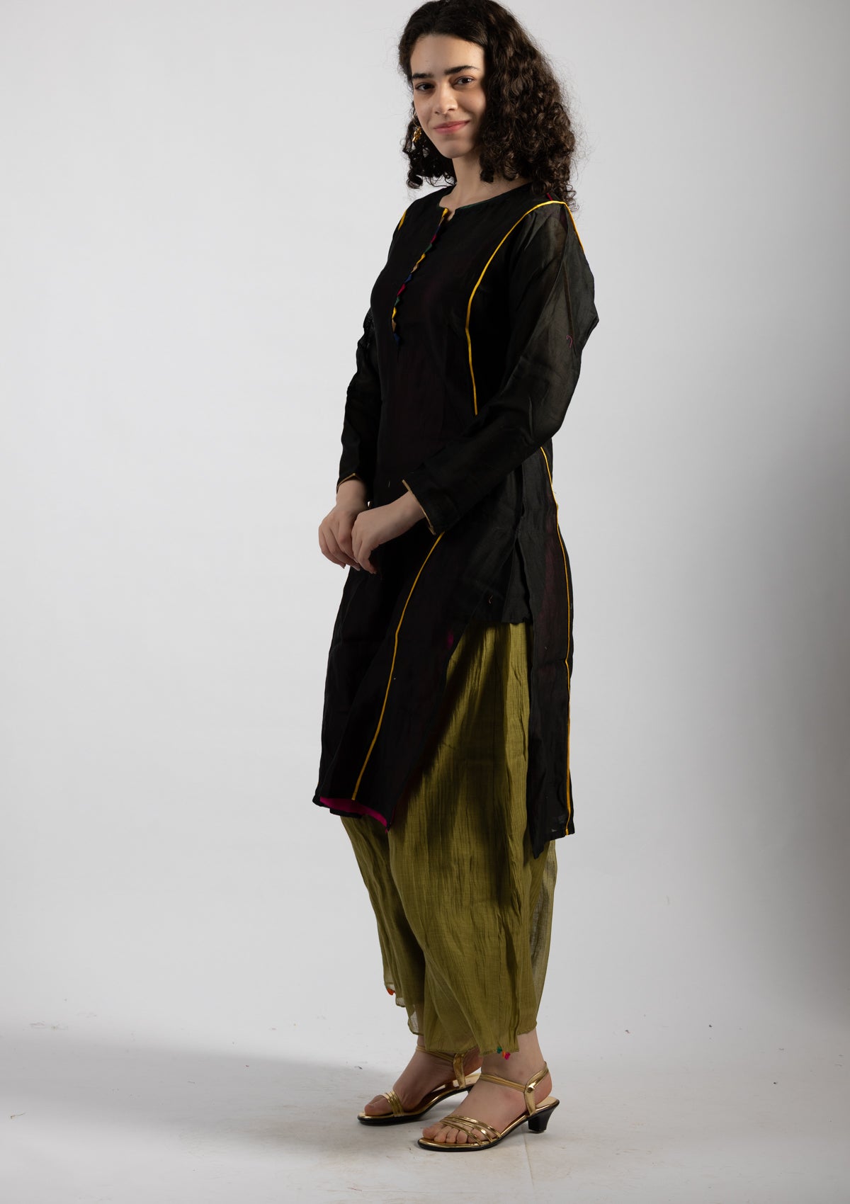 Sleek Ebony Tissue Kurta - Size Small