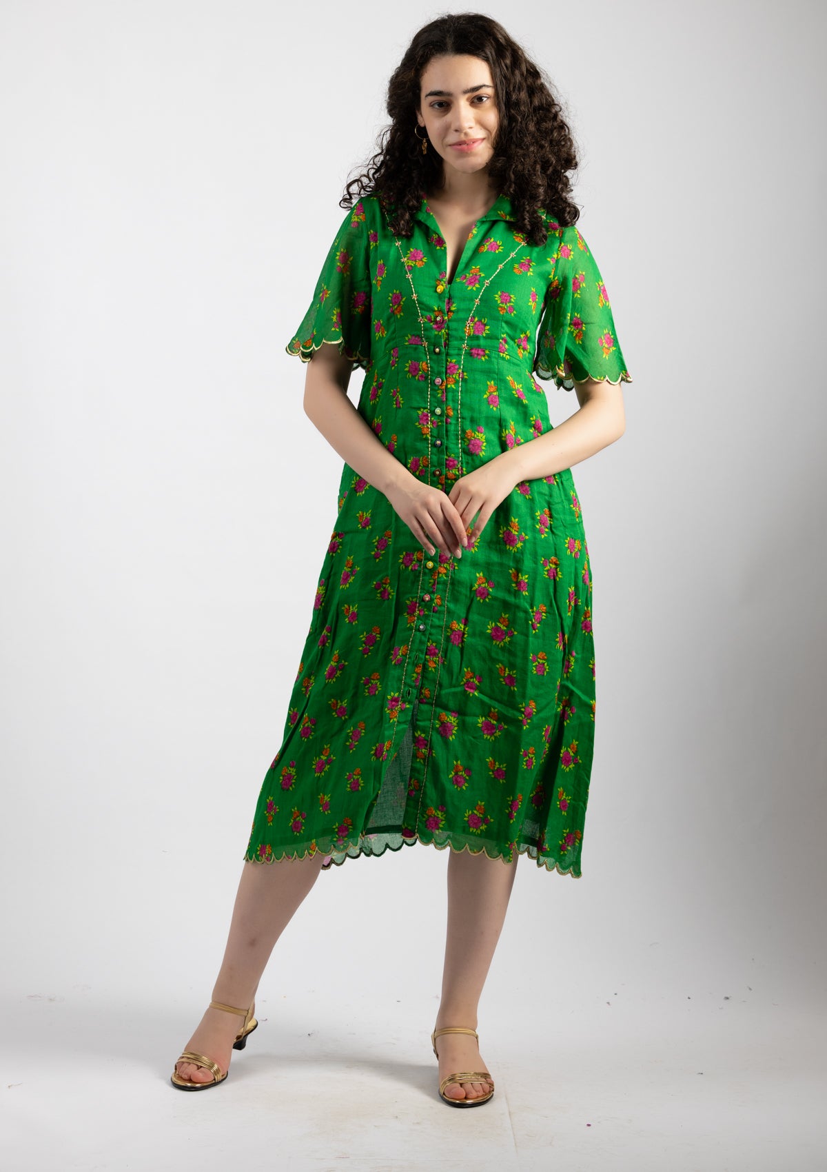 Parrot Green Printed Cotton Dress - Size Large