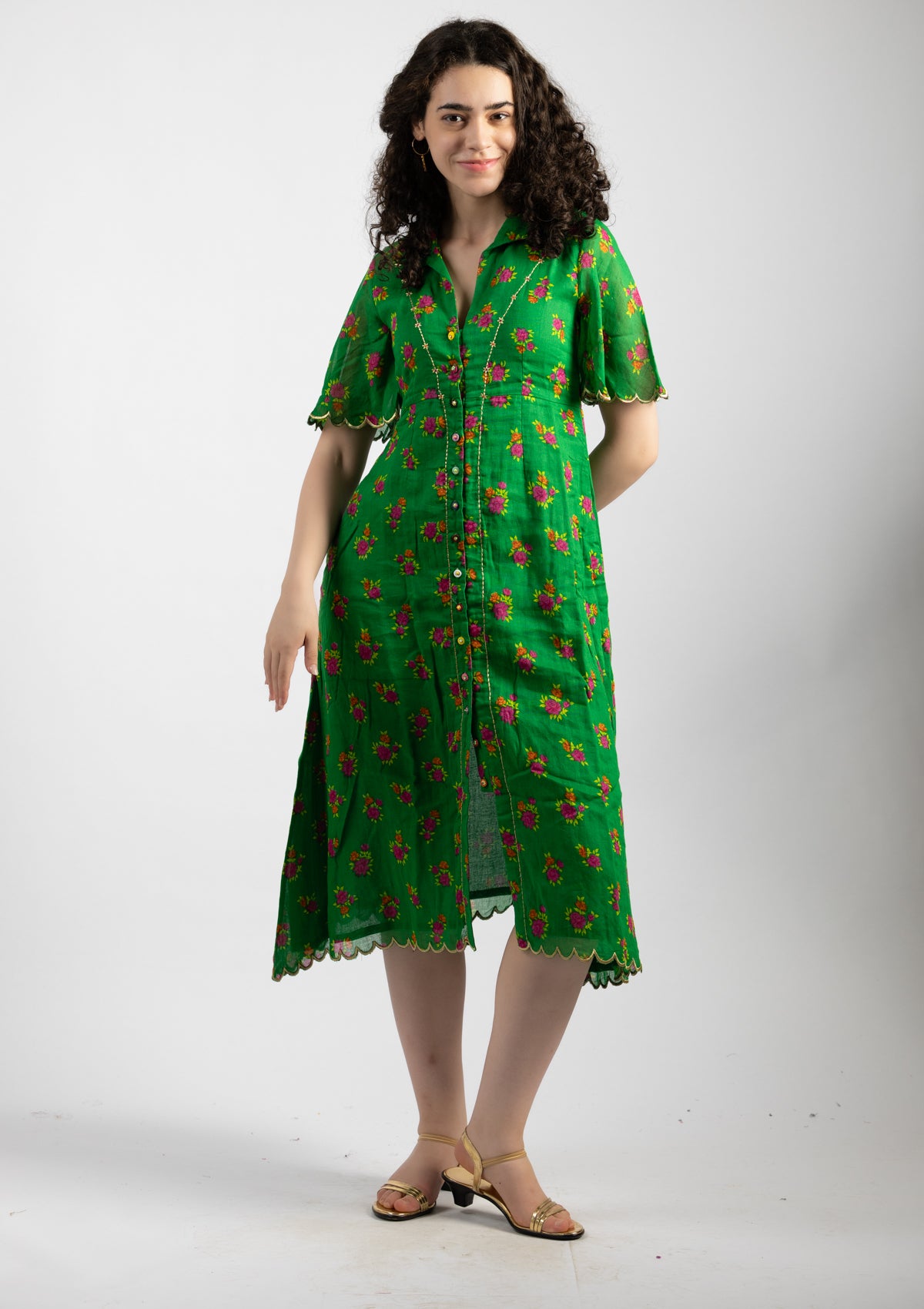 Parrot Green Printed Cotton Dress - Size Large