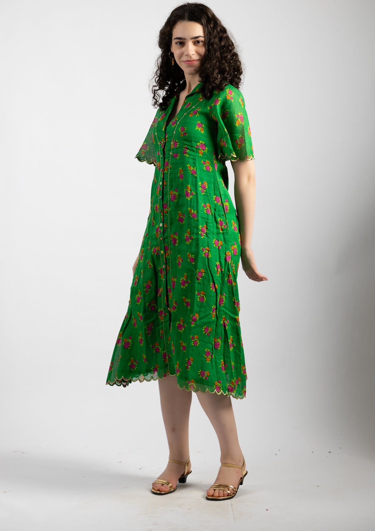 Parrot Green Printed Cotton Dress - Size Large