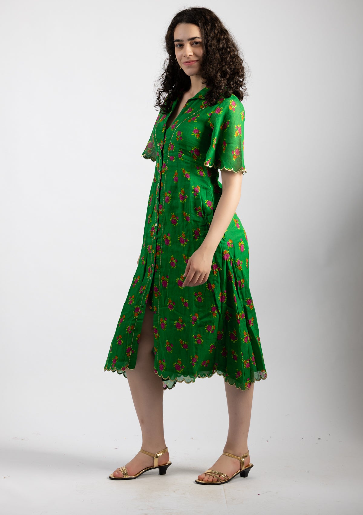 Parrot Green Printed Cotton Dress - Size Large