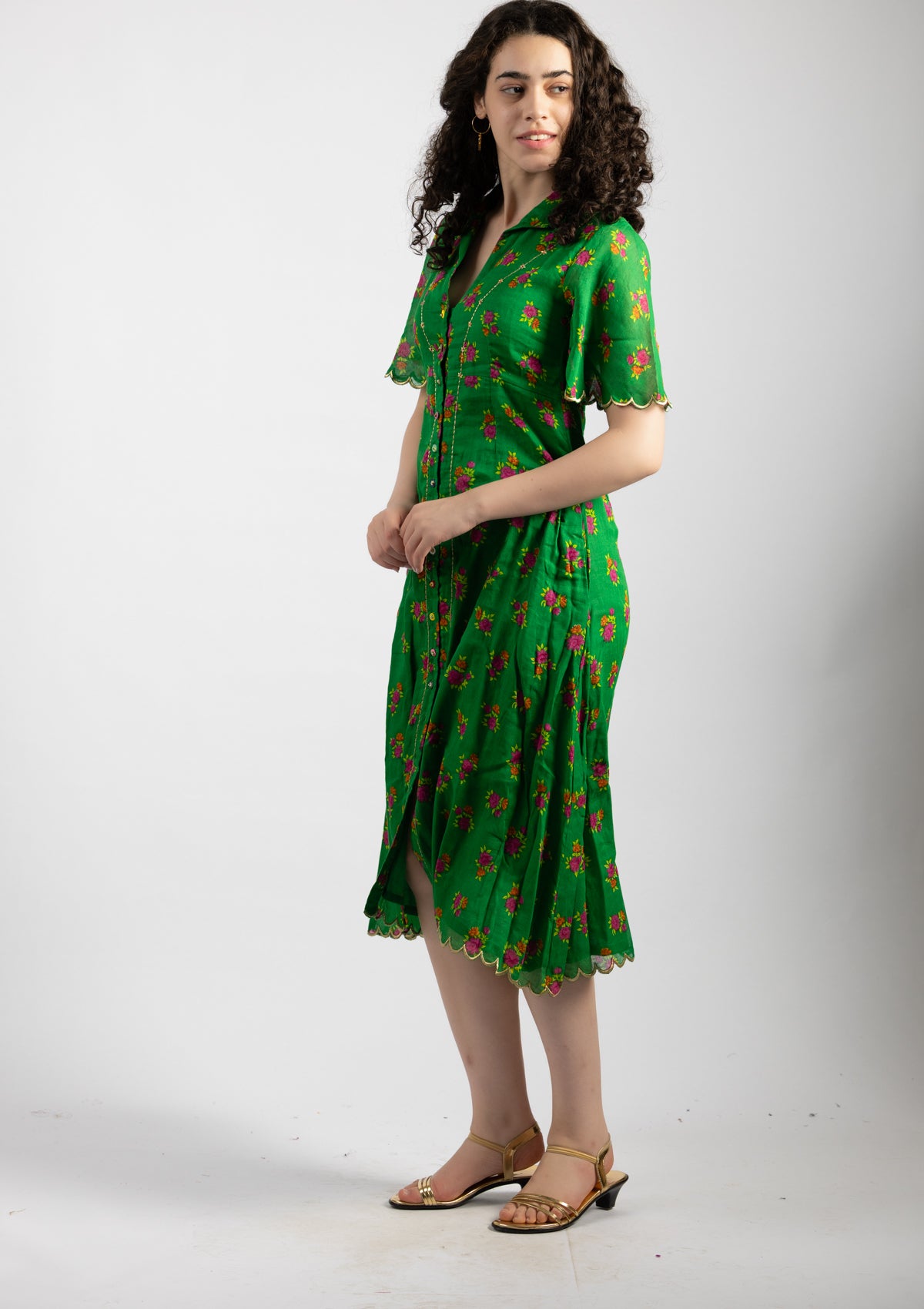 Parrot Green Printed Cotton Dress - Size Large
