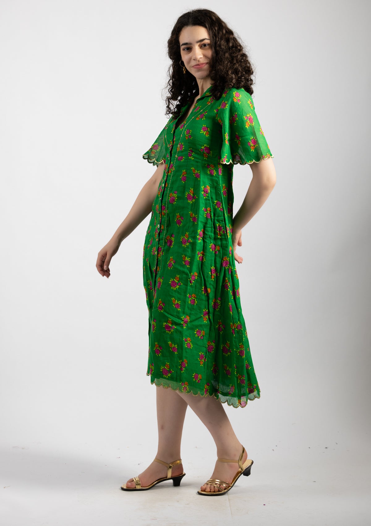 Parrot Green Printed Cotton Dress - Size Large