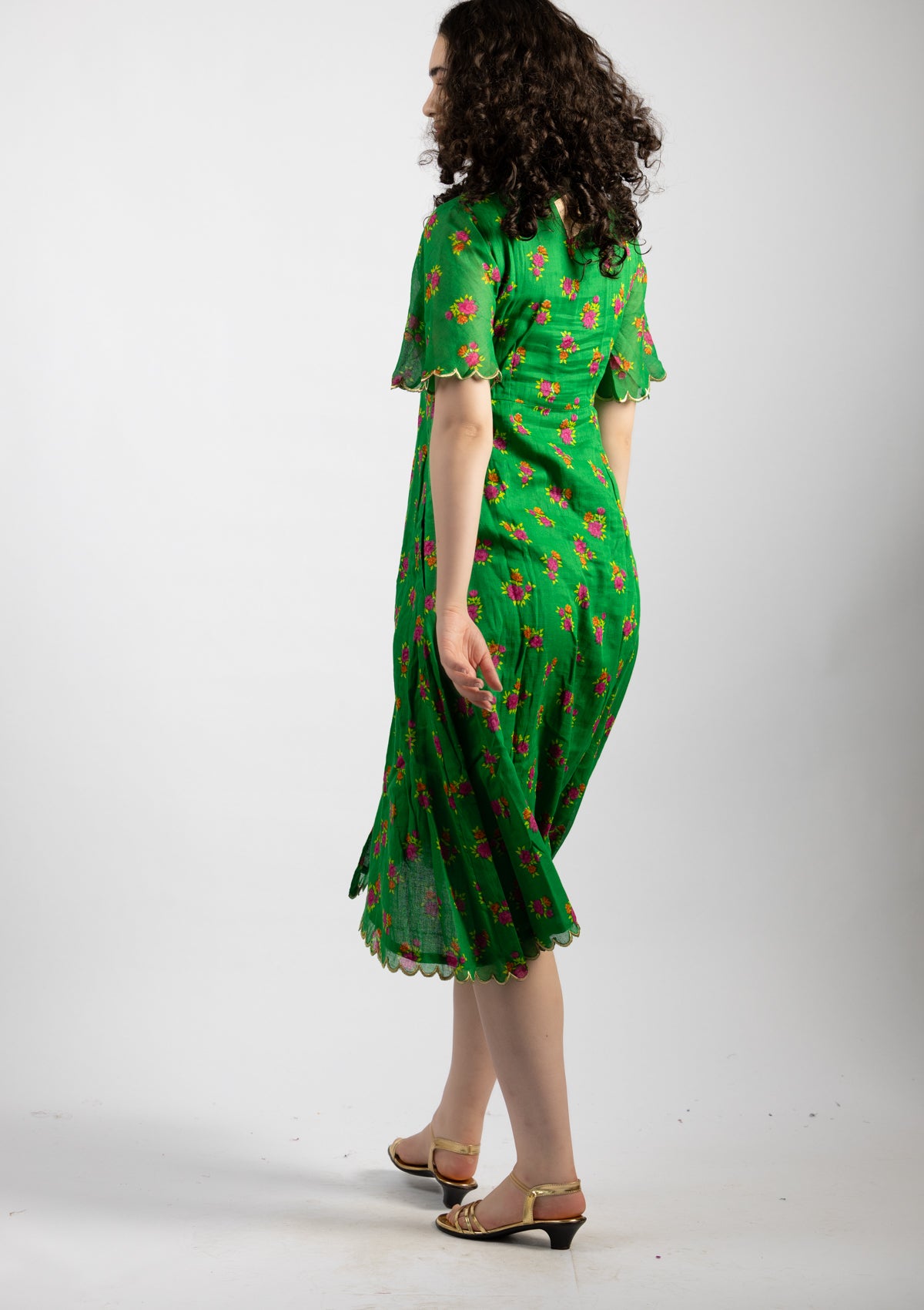 Parrot Green Printed Cotton Dress - Size Large