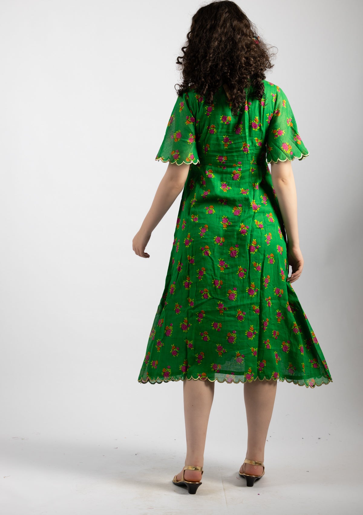 Parrot Green Printed Cotton Dress - Size Large