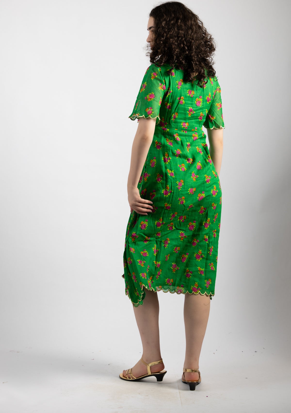 Parrot Green Printed Cotton Dress - Size Large