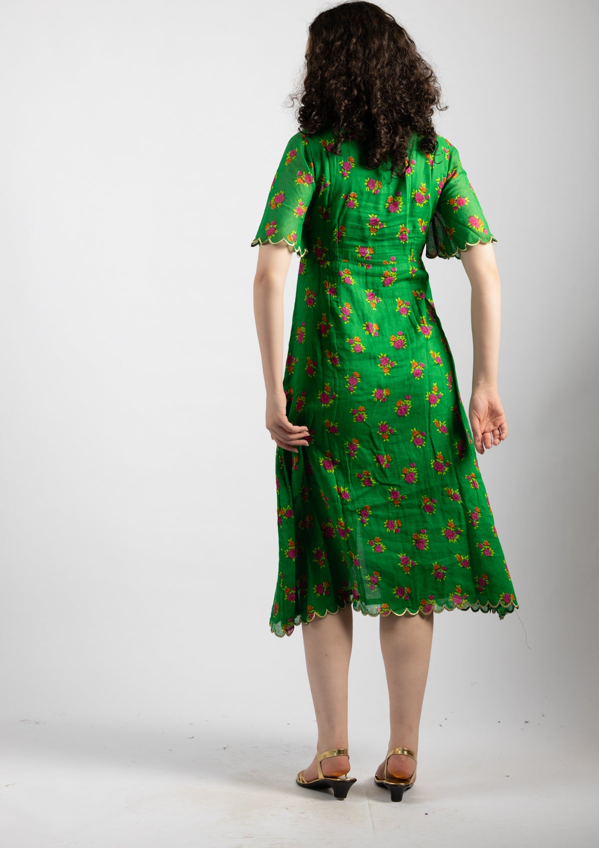 Parrot Green Printed Cotton Dress - Size Large