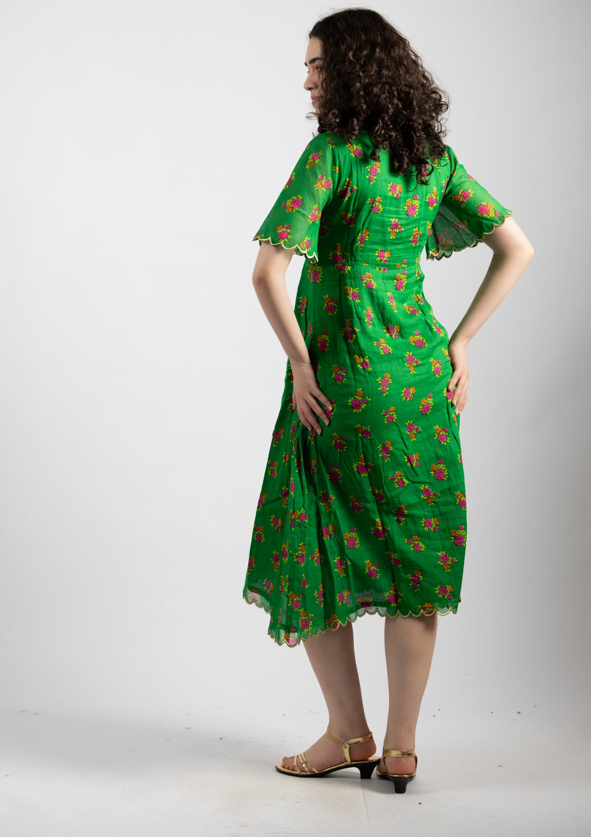 Parrot Green Printed Cotton Dress - Size Large