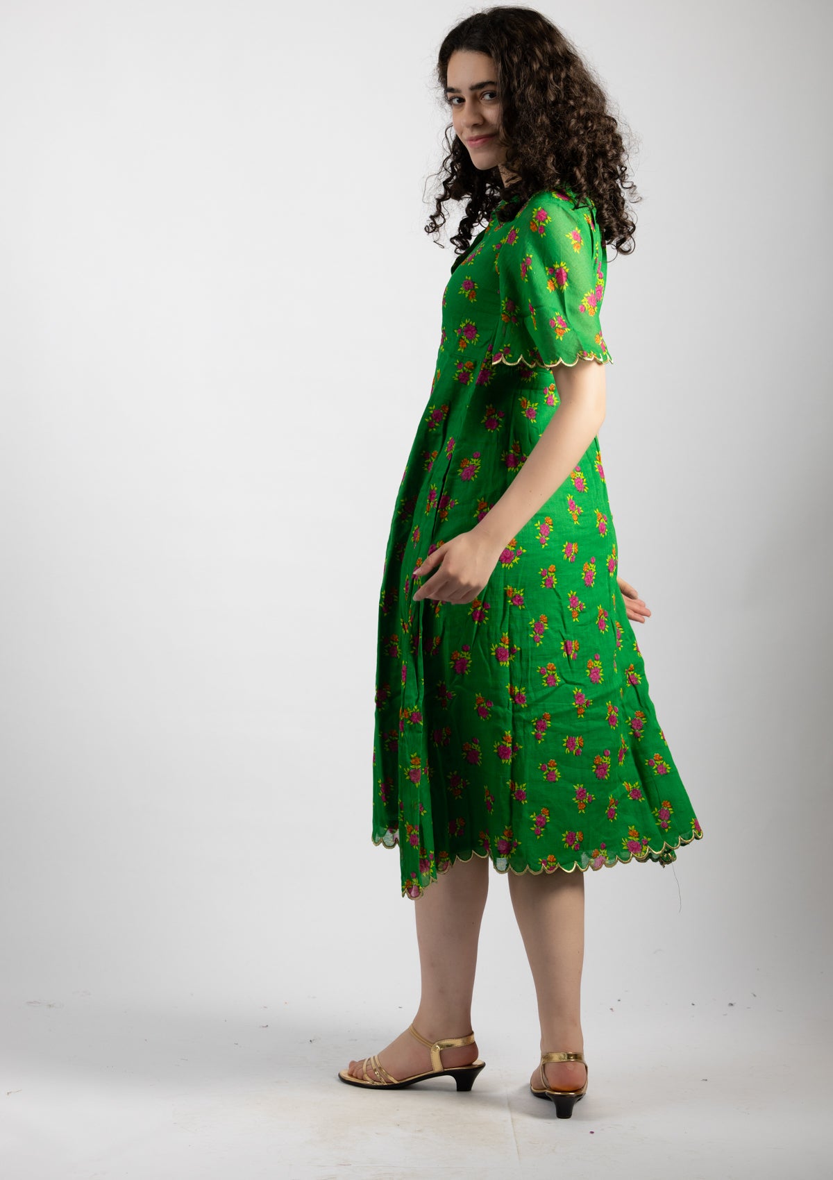 Parrot Green Printed Cotton Dress - Size Large