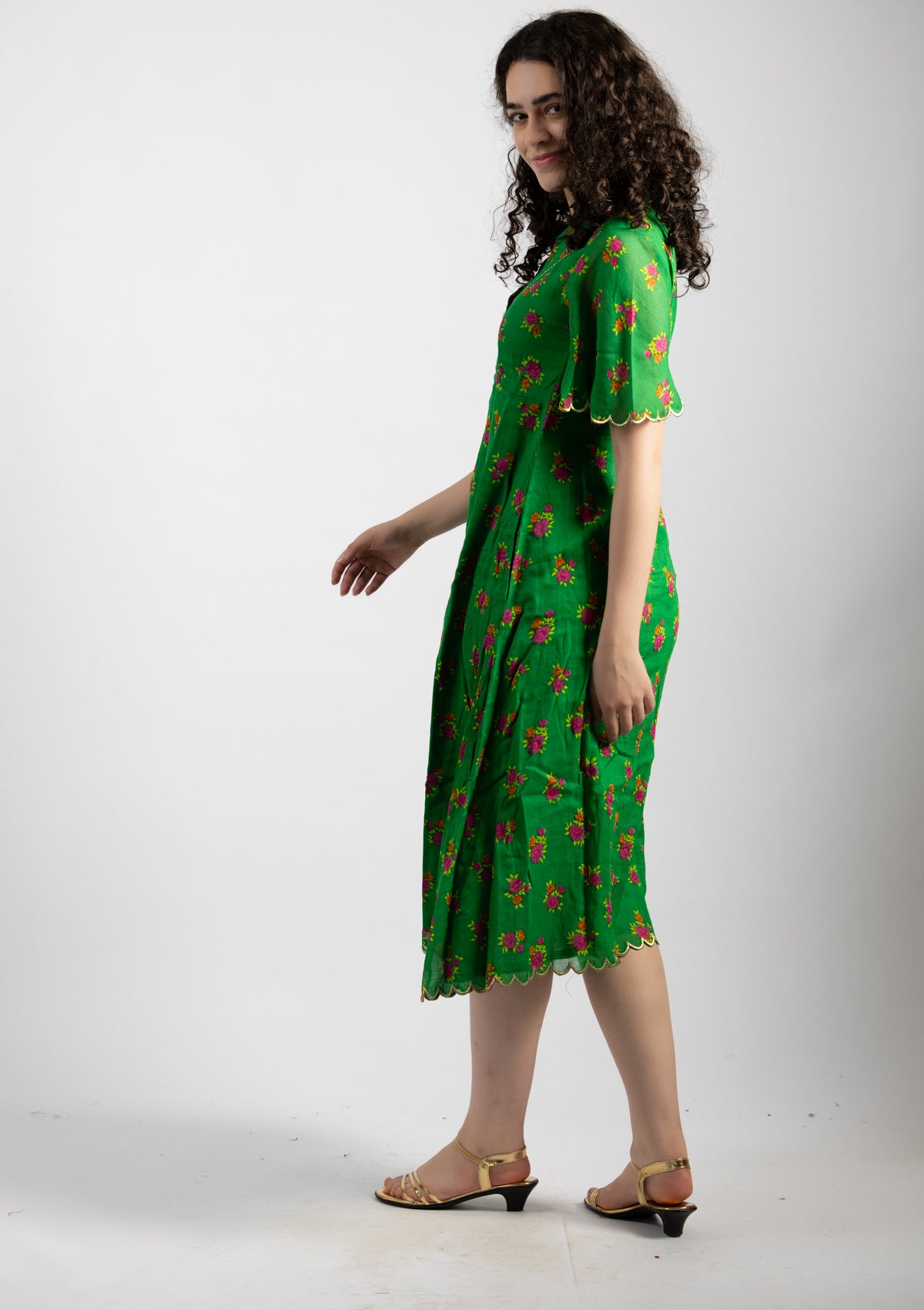 Parrot Green Printed Cotton Dress - Size Large