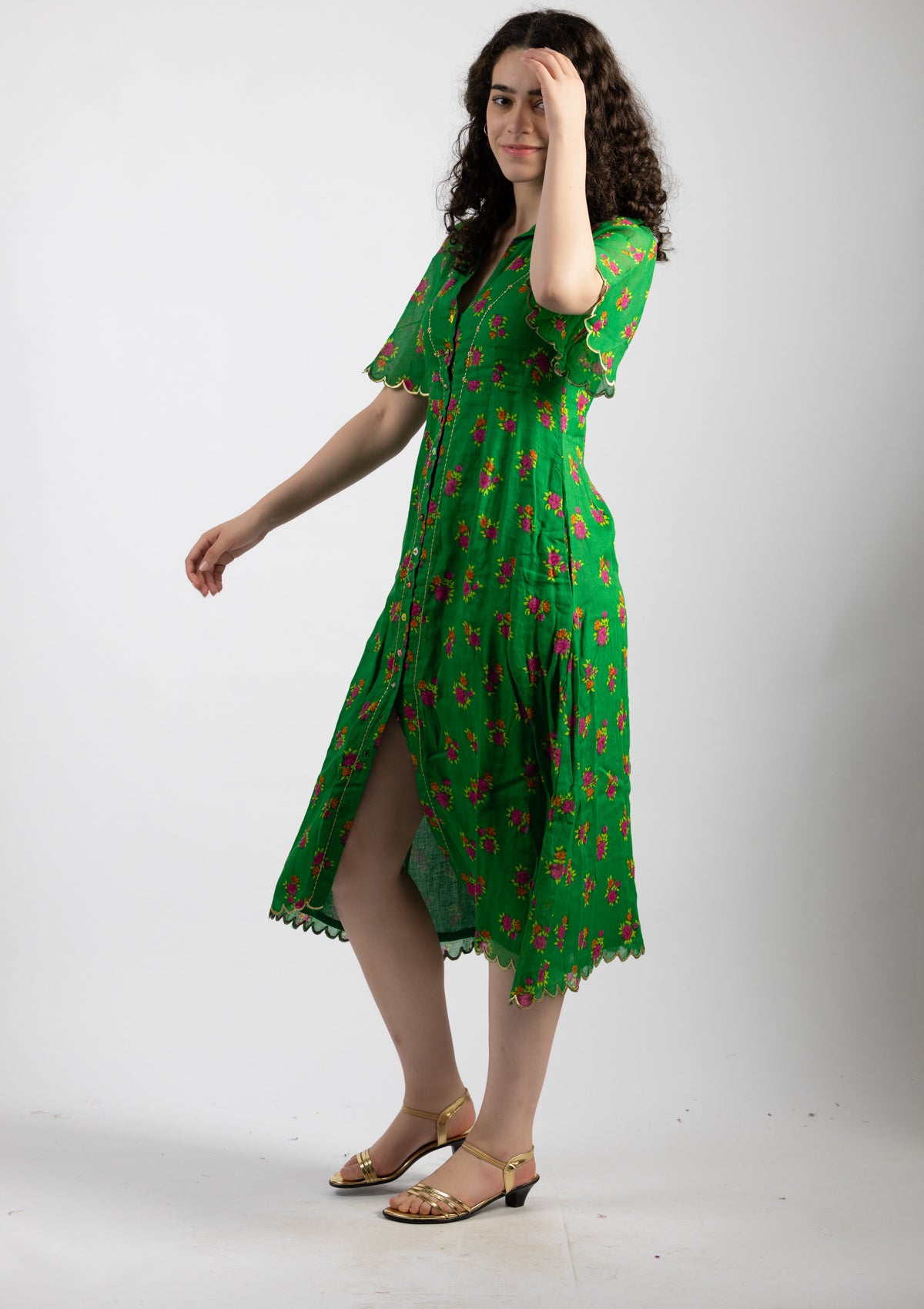Parrot Green Printed Cotton Dress - Size Large