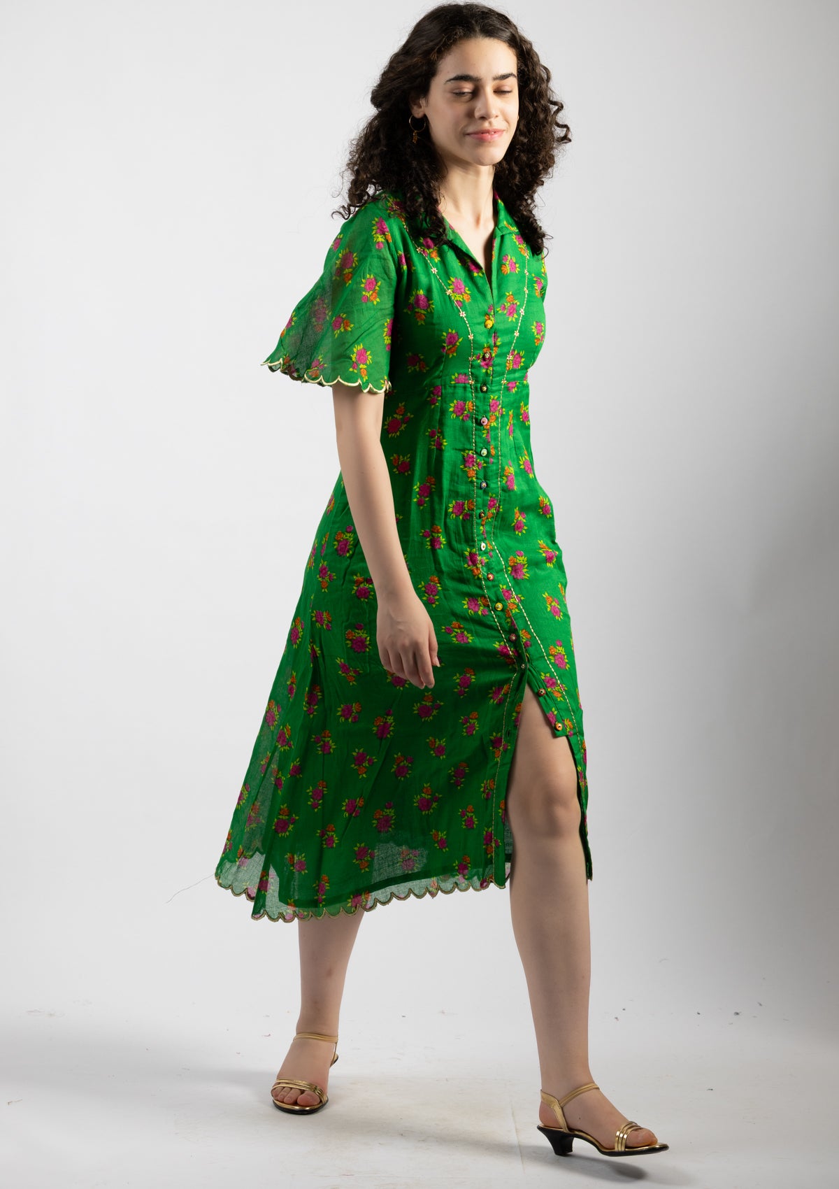Parrot Green Printed Cotton Dress - Size Large