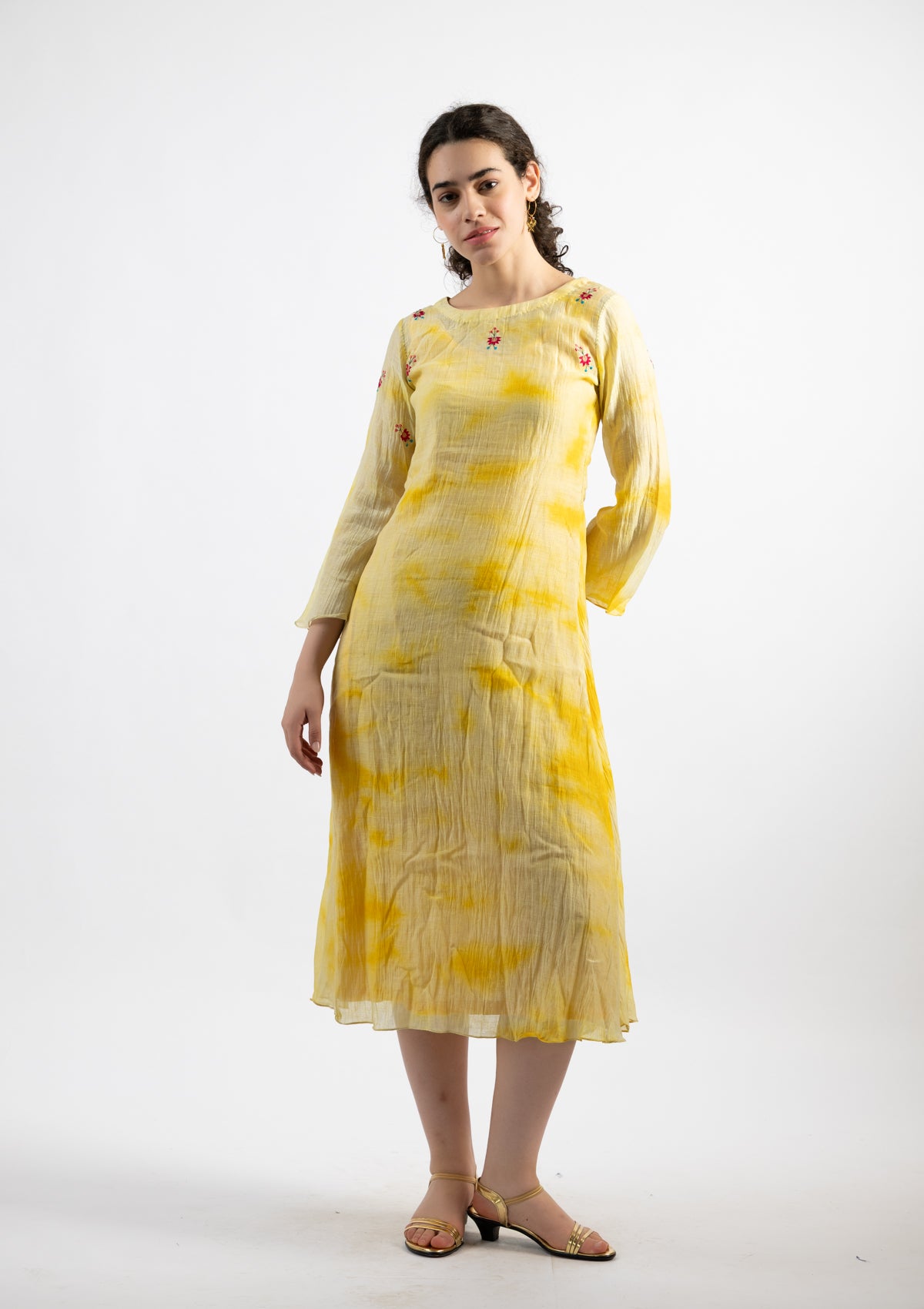 Lime Yellow Tie-Dye Chanderi Dress - Size Small